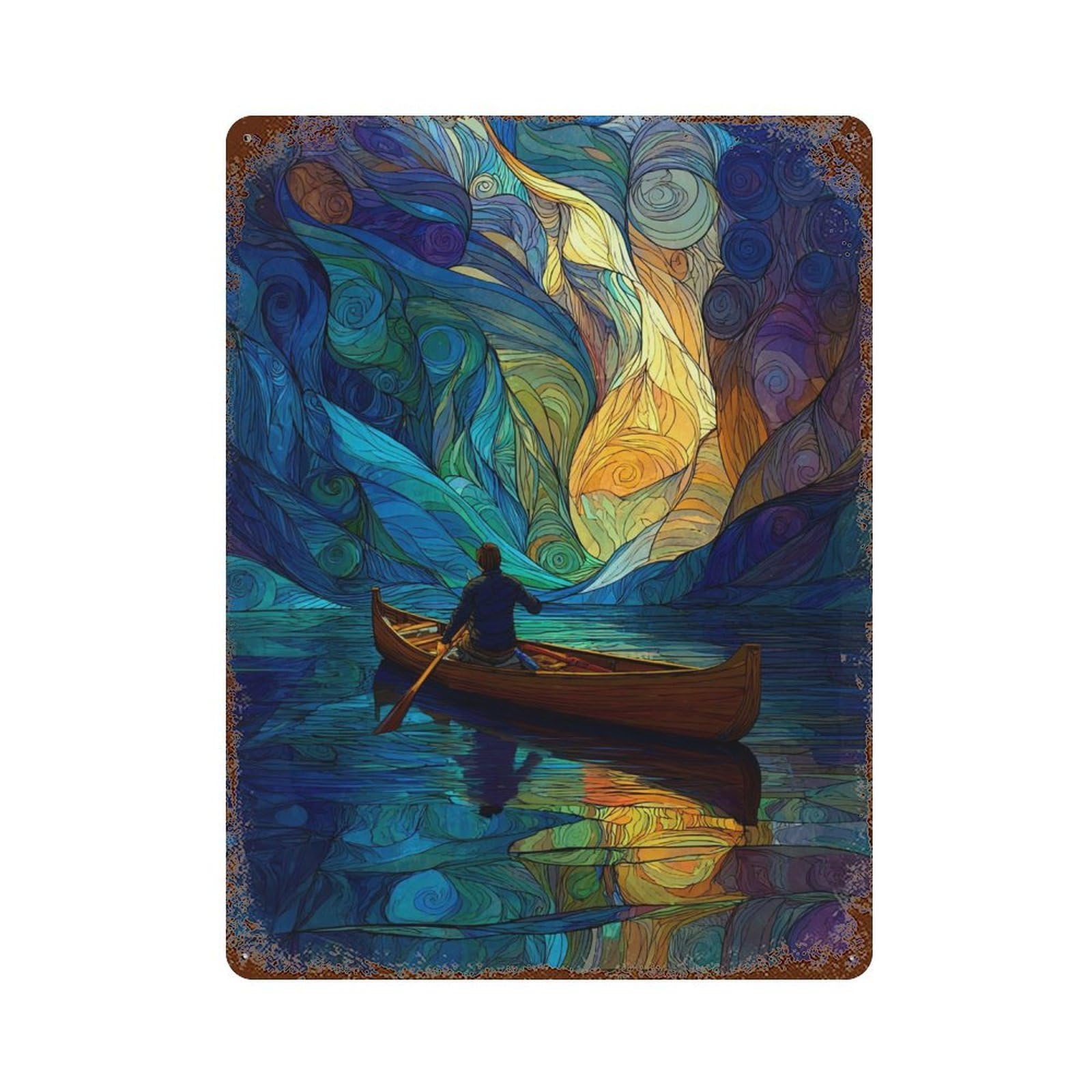 Starry Night Canoe Journey 15.7"x11.8" Vintage Rust Metal Sign, Novelty Wall Decor for Living Room, Hallway And Home Decor