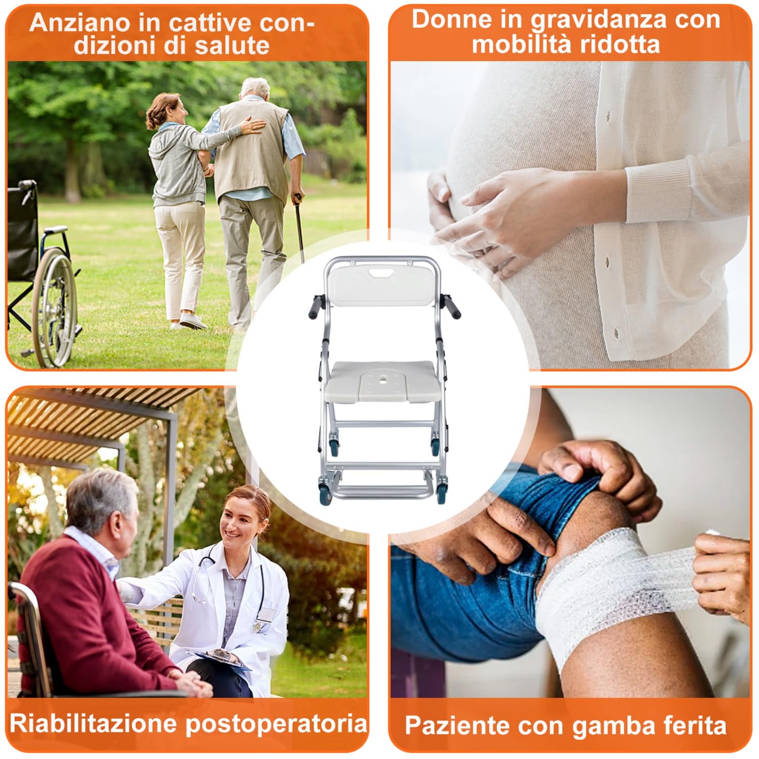 Sedia Doccia Anziani con Ruote Pieghevole, Carico 120 kg | Sedia da Doccia per Disabili con Ruote, Sedia da Bagno per Disabili Installazione Senza Attrezzi