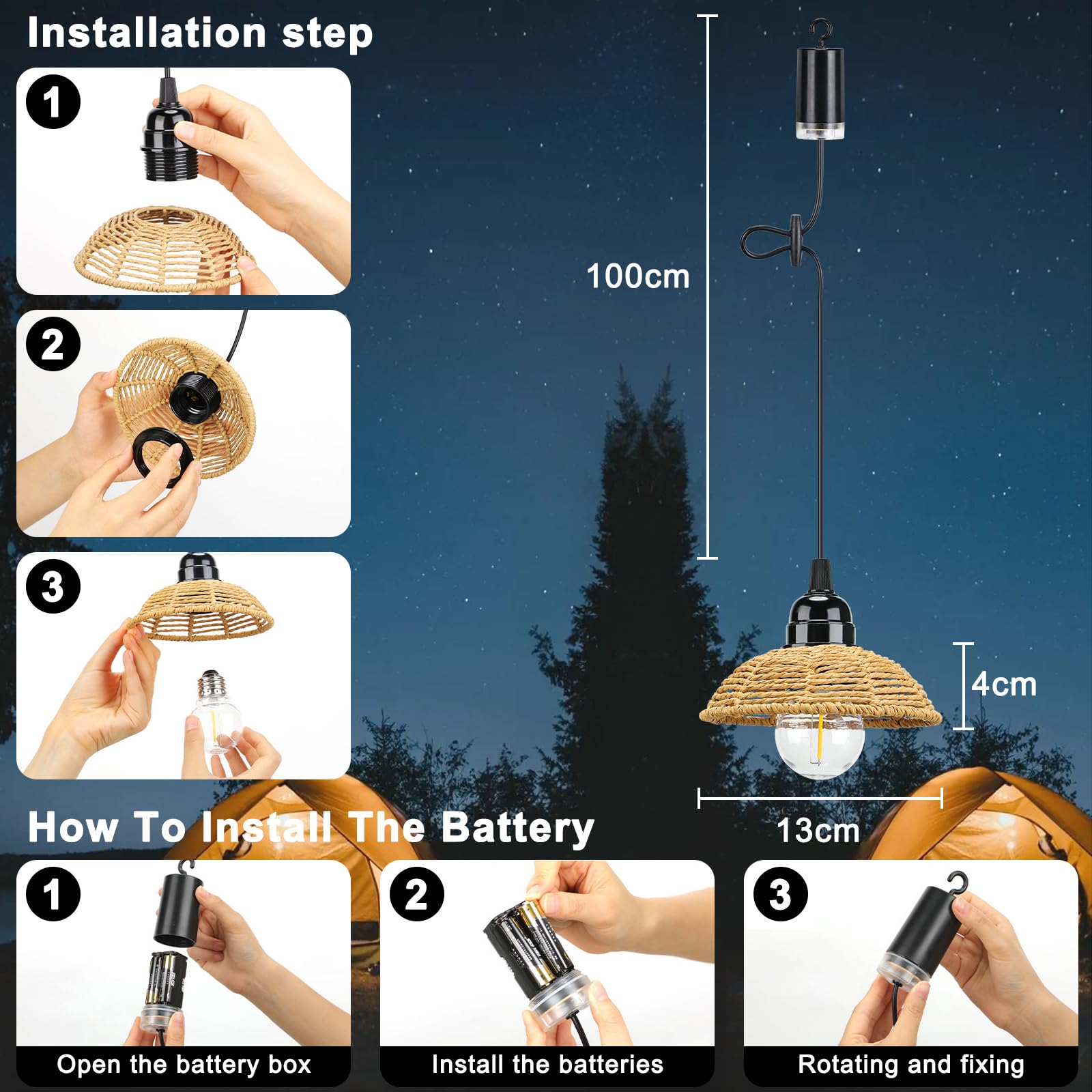 Suspension Luminaire Rotin Exterieur Intérieur Dimmable Batterie Télécommande IP65 Portable Minuterie Jardin Camping Étanche