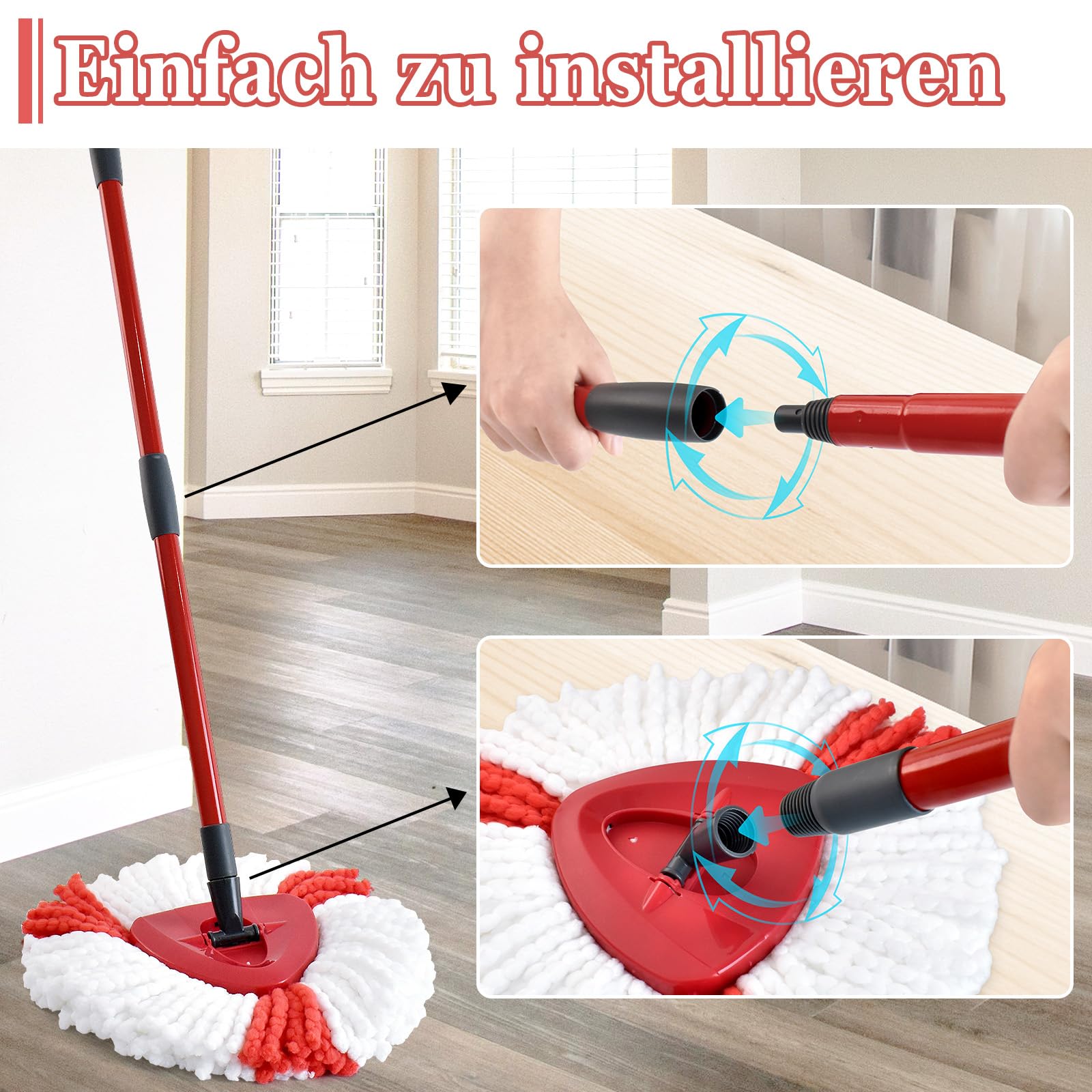 Wischmopp Spin-Mopp-Stiel Ersatz für Turbo Spin/Turbo Smart/EasyWring-Kopf, Verstellbarer Stiel, 4-teiliger Mopp-Ersatzgriff mit Deutschem Gewinde