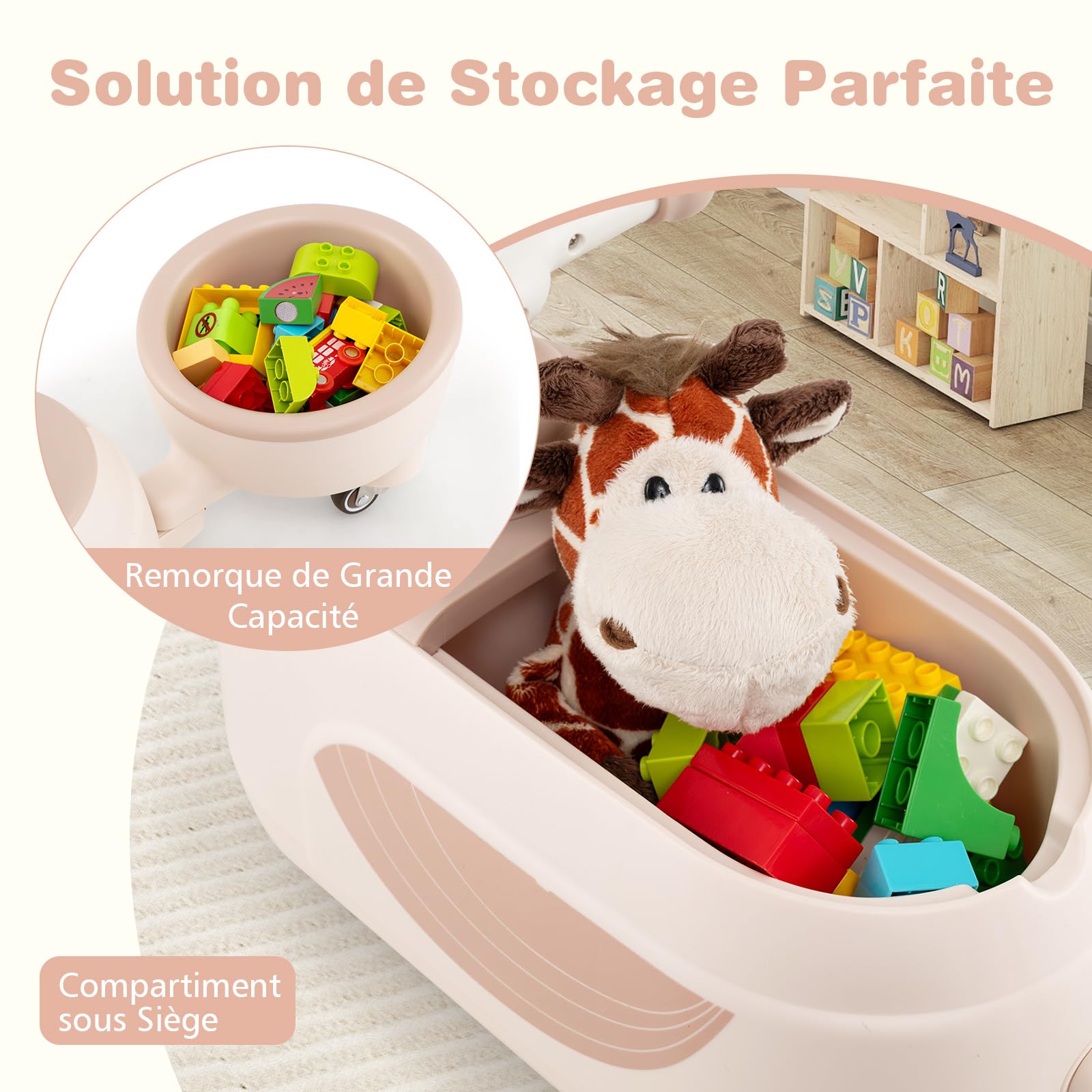 COSTWAY Porteur Enfant avec Remorque Amovible & Lumière & 5 Chansons, Voiture à Pousser Bébé avec Forme Pingouin & 6 Roues, Espace Caché & Poignées Arrondies, Charge 25kg pour 12 Mois+ (Rose)