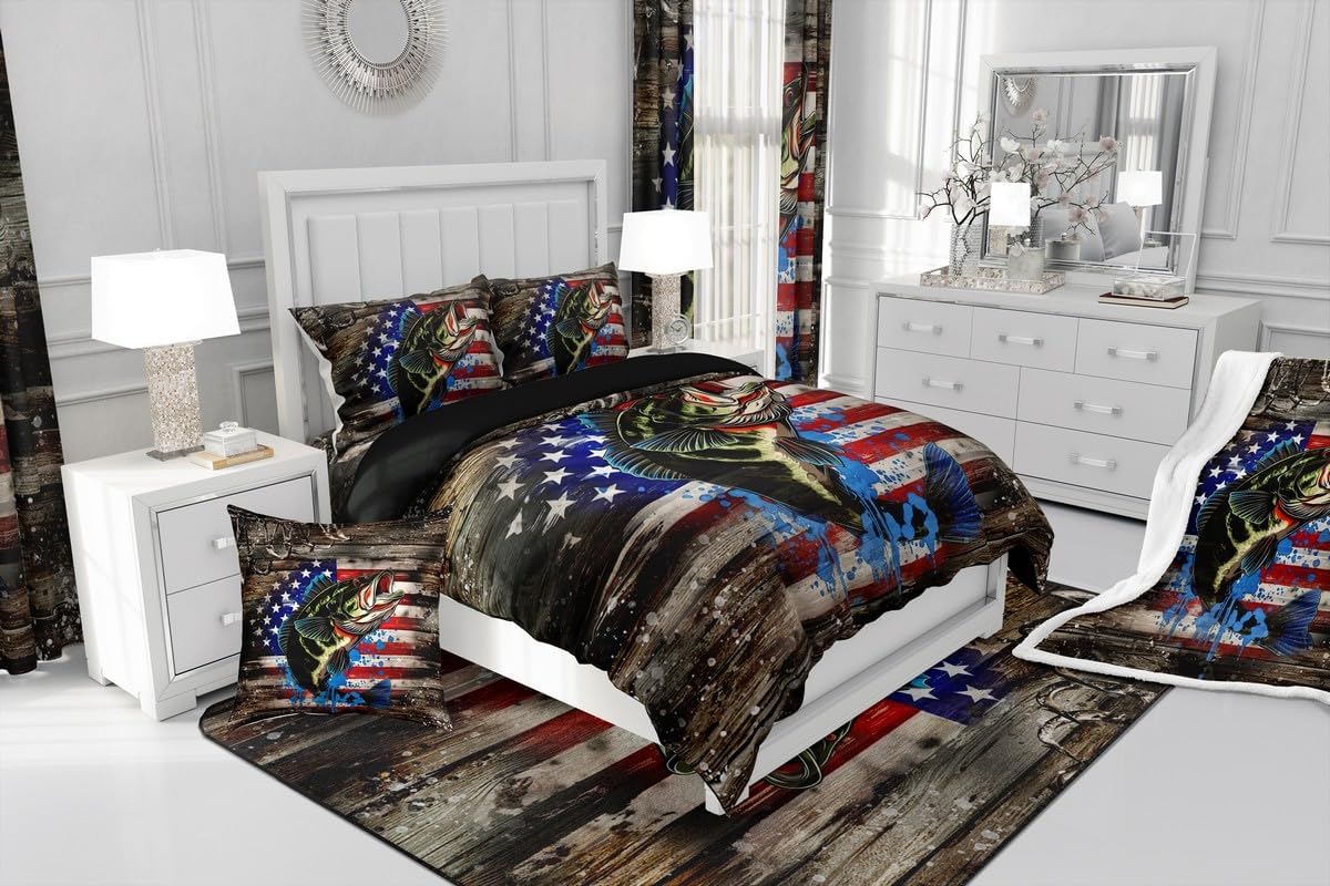 Feelyou Fish Comforter Set with Sheets 7 Piece Twin Size American Flag Bed in a Bag Fish Hook Fishing Theme Bedding Set Ocean Marine Animal Bed Set with Comforter,Sheets,Pillowcases & Cushion Covers