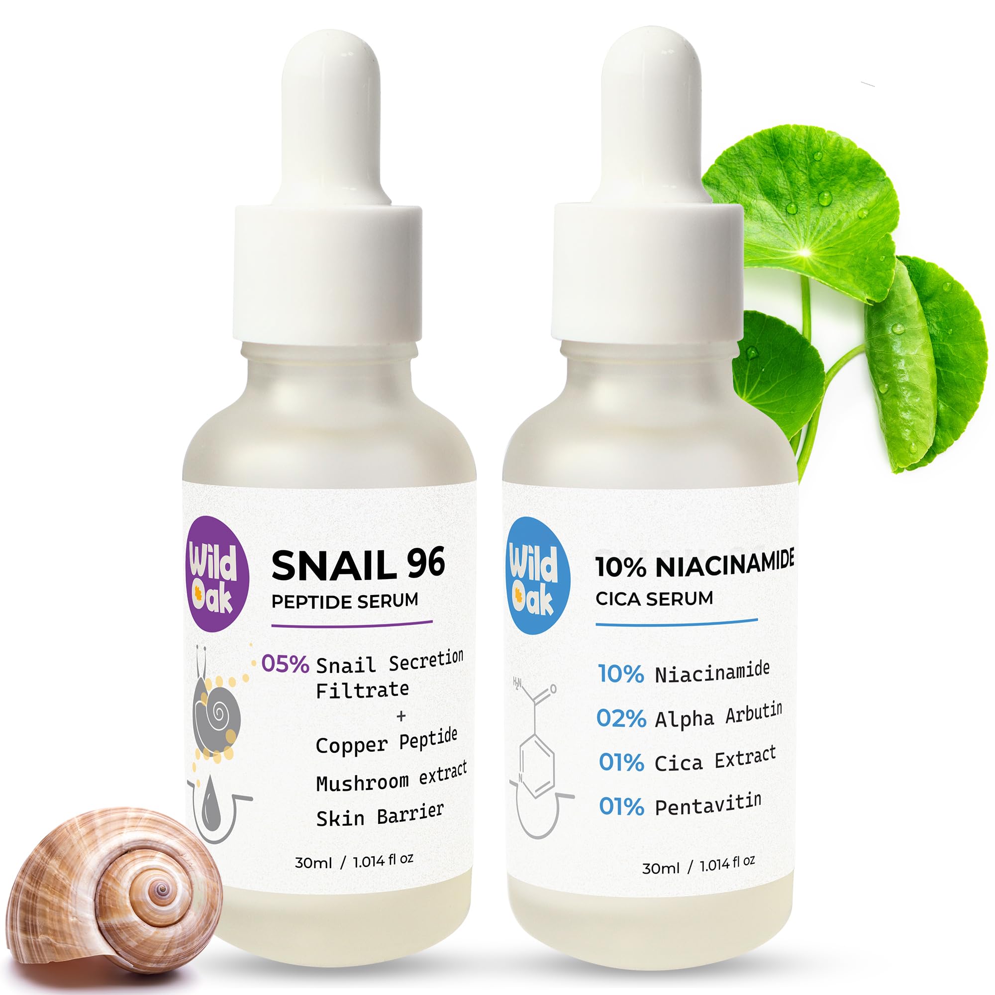 WildOak Hydration & Pore Minimizer Serum Combo: 10% Niacinamide Cica Serum + Snail 96 Peptide Serum | Brightening, Deep Hydration, Skin Repair & Anti-Aging | Perfect for Dry & Dull Skin | 30ml Each