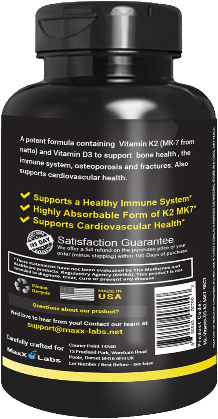 MaxX Labs Vitamin D3 K2 with 3,000 IU per Capsule - Plus 115 mcg of Vitamin K as MK-7 from Natto - Supports Bone Health - Gluten-Free - 90 Count (90-Day Supply)