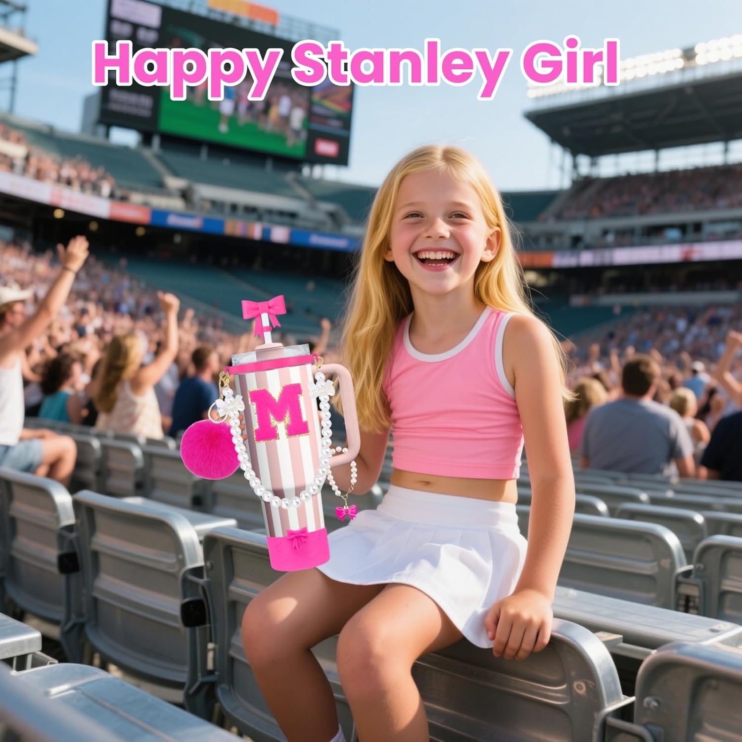 9PCS Pink Stanley Cup Accessories Set for 30oz 40oz Tumbler with Handle, Includes Pearl Strap, Bow Straw Toppers& Boot, Decorations Charms, Letter Sticker, Spill Proof Stoppers(Pink S) - Image 6
