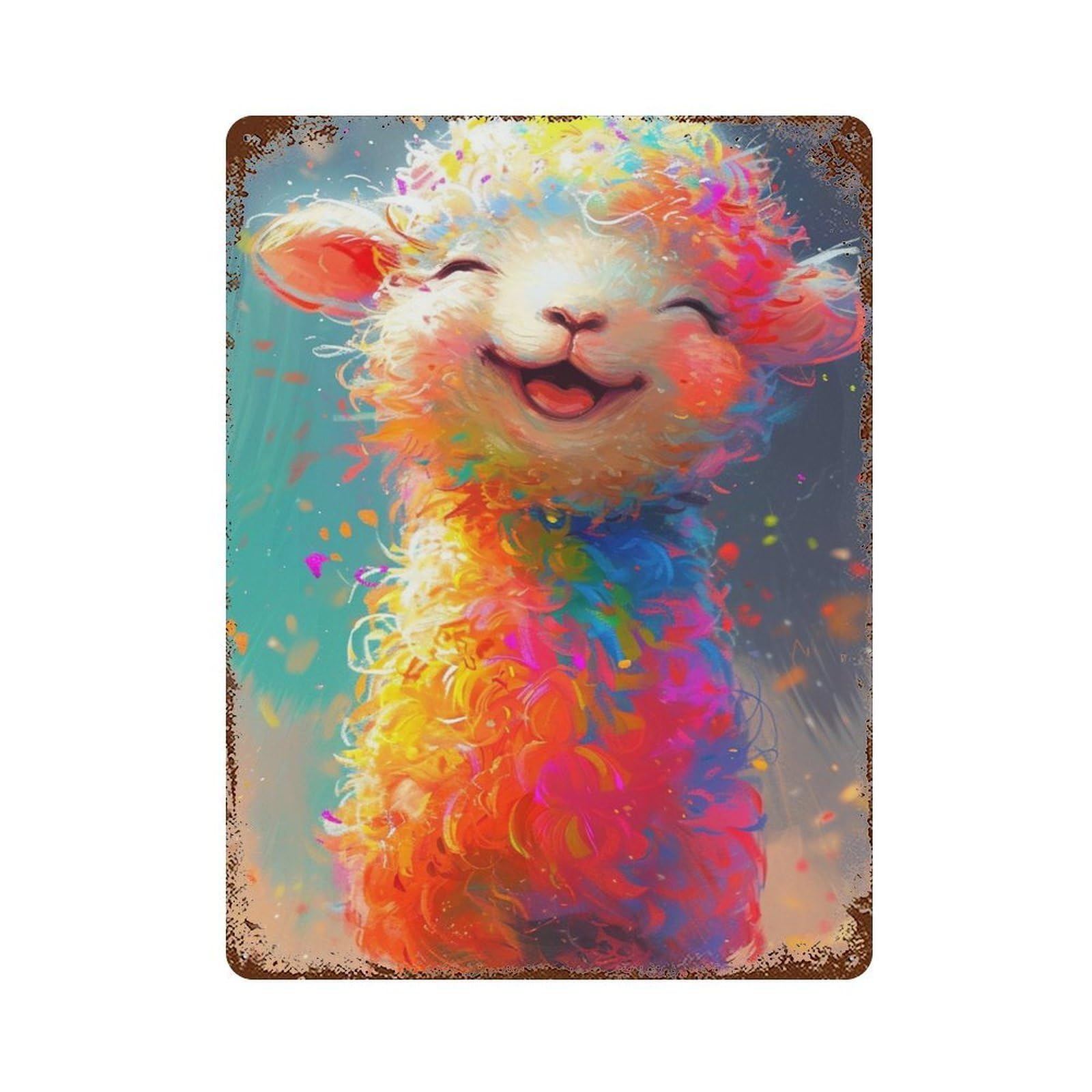 Colorful Happy Alpaca Painting 15.7"x11.8" Aged Metal Wall Plaque, Novelty Wall Decor for Shed, Workshop And Garage Wall Decor
