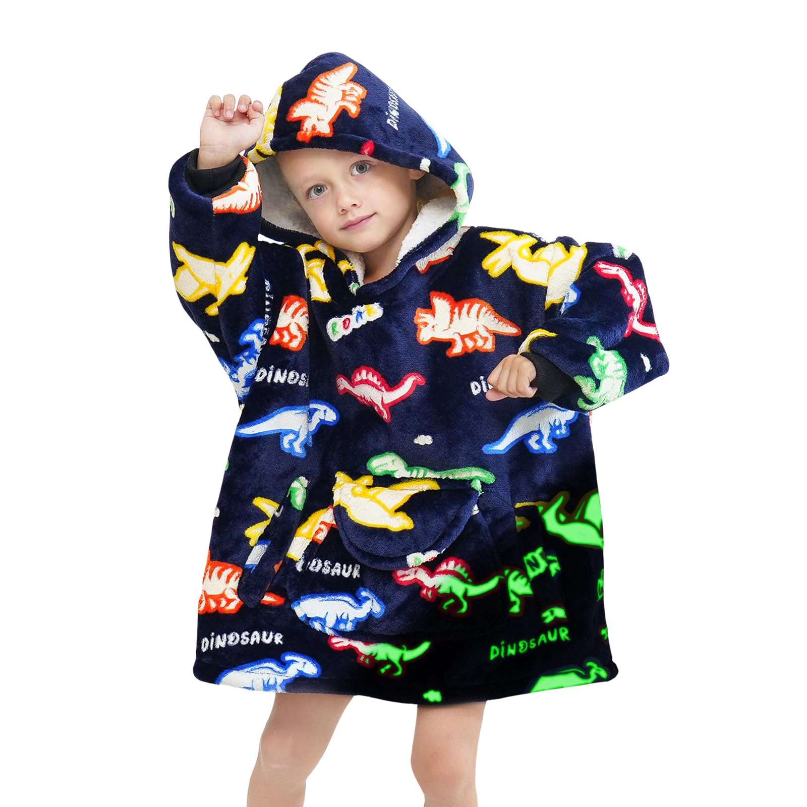 REXEO Wearable Blanket Hoodie for Kids Fleece Sweatshirt Blanket Dinosaur Gifts for Boys Girls Flannel Hooded Blanket with Pocket and Sleeves for Kids
