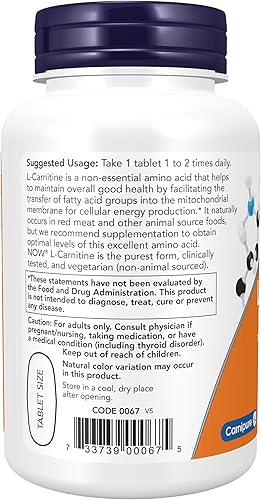 Miniatura 3 de NOW Suplementos L-carnitina 1000 mg forma pura aminoácidos apoyo físico 50 tabletas