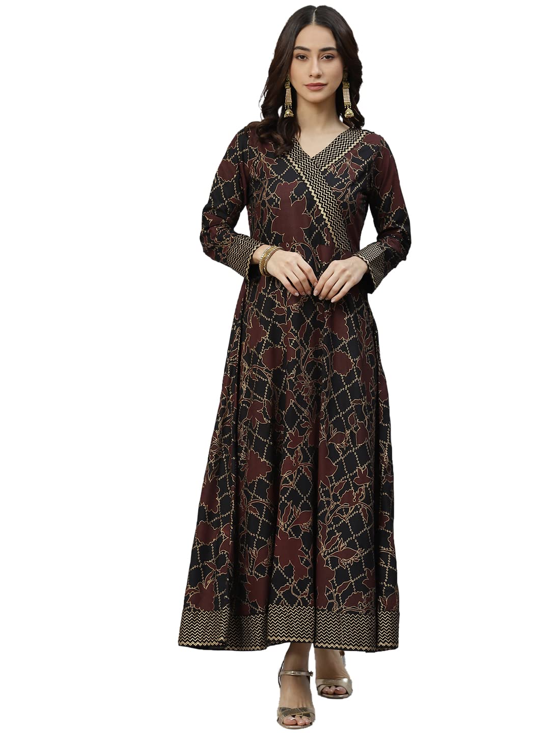 IVES Women's/Girl's Rayon Casual Printed Flared Black Kurta