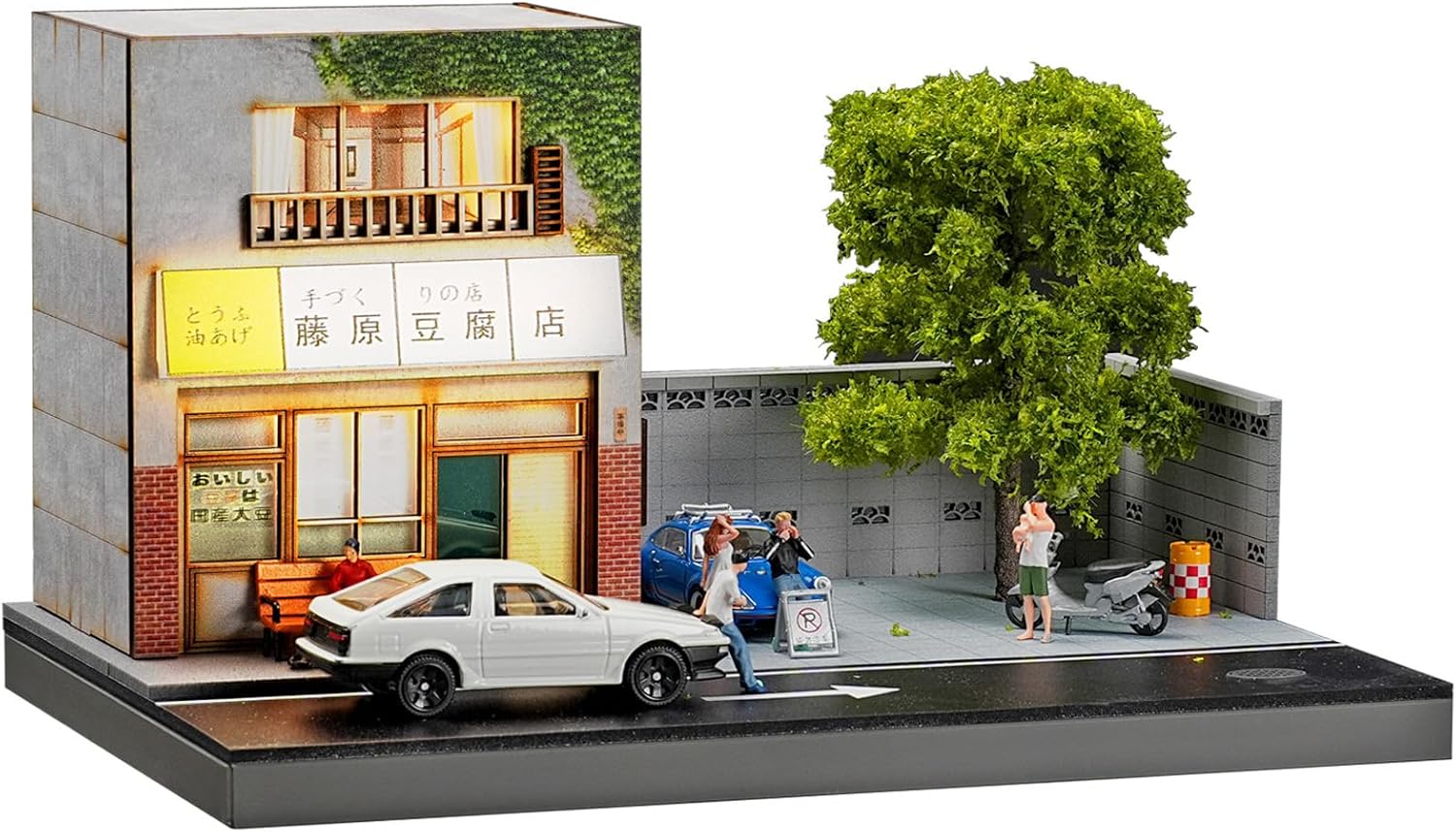 1/64 Scale Diorama Diecast Car Garage Model, Miniature Street Building Scene Display, Japanese Tofu Shop with LED Lights, USB Powered, 9.25 * 6.29 * 5.31 Inches