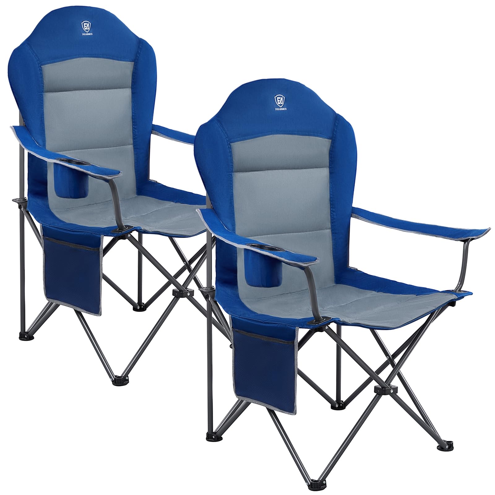 EVER ADVANCED Camping Chairs for Adults Set of 2 Supports 160kg Heavy People Folding Chair Luxury Outdoor with High Back & Cup Holder & Side Pockets Fold Up Chair Padded Blue