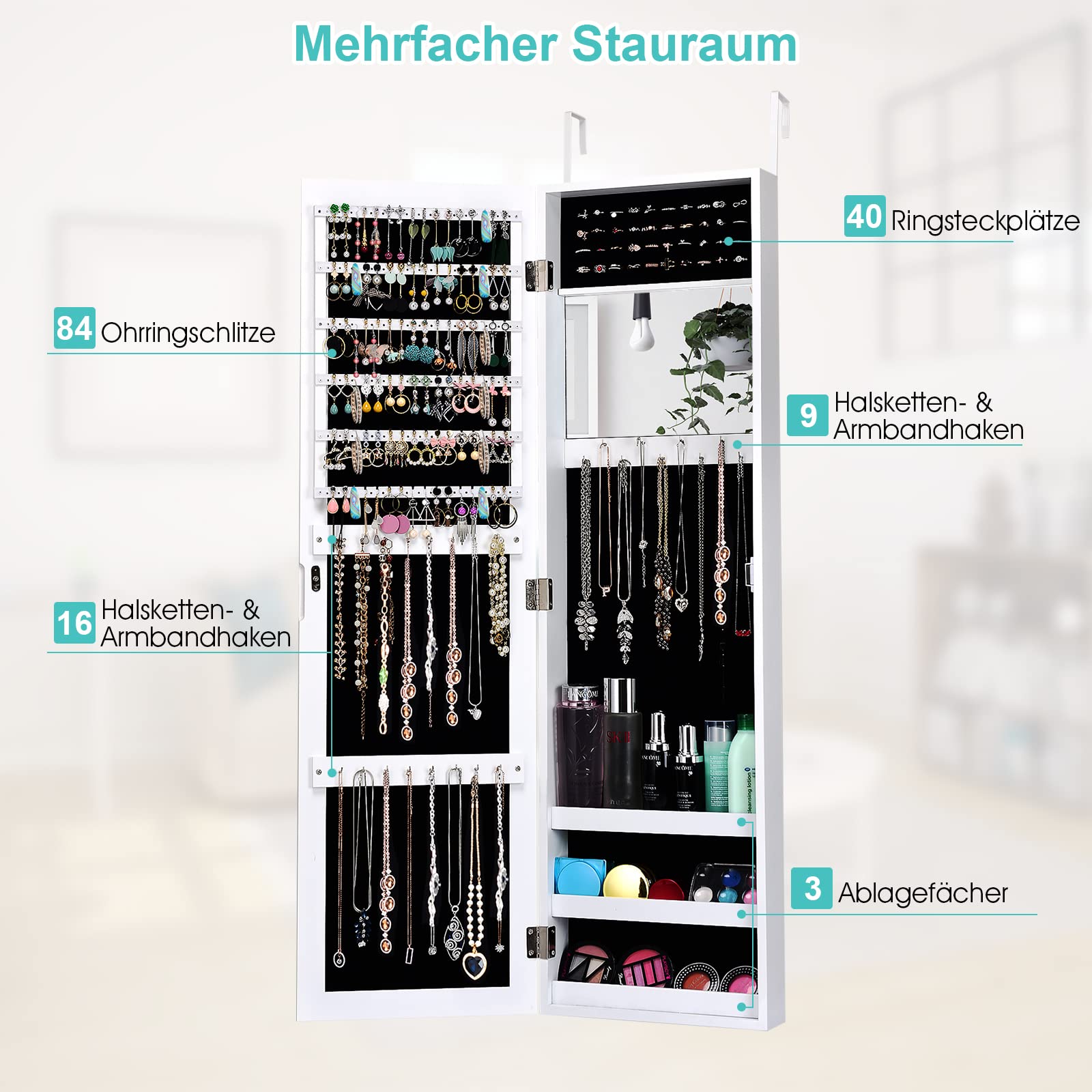 COSTWAY Sieradenkast met volledige lichaamsspiegel, ingebouwde make- upspiegel en 3-gekleurde LED-verlichting, sieraden, spiegelkast voor ringen, kettinghaak, oorbellen, wand-/deurmontage (zwart