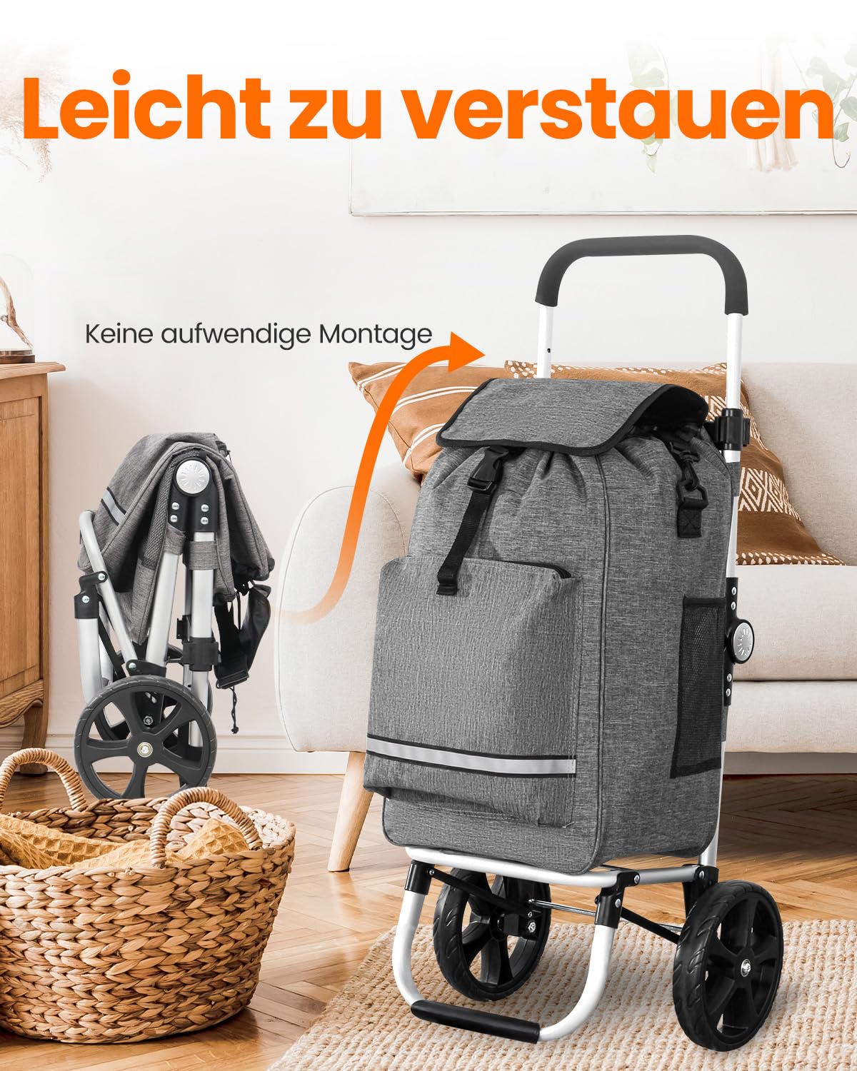 Homecall Einkaufstrolley klappbar Einkaufswagen mit 50L + 5L kühlfunktion Bis 50KG, Einkaufstasche mit Rollen 3 in 1 Shopping Trolley & Sackkarre & Umhängetasche (Dunkelgrau, Standard)