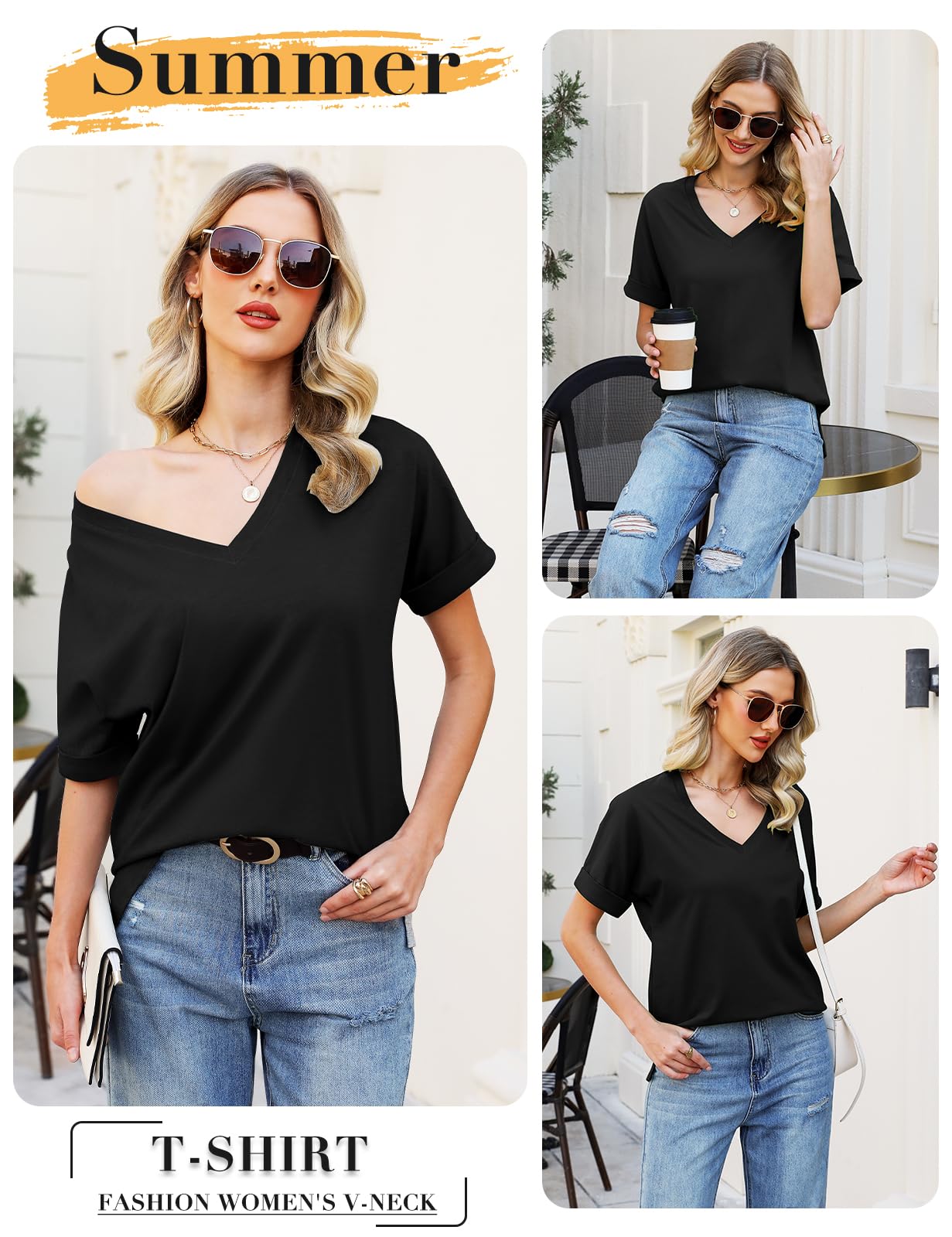 CMTOP T-Shirt Donna Estiva Cotone V Scollo Tinta Unita Maglietta Manica Corta Top Casual Case Camicie Orlo Arrotondato Lungo per Feste Casual Maglietta da Donna Allentate