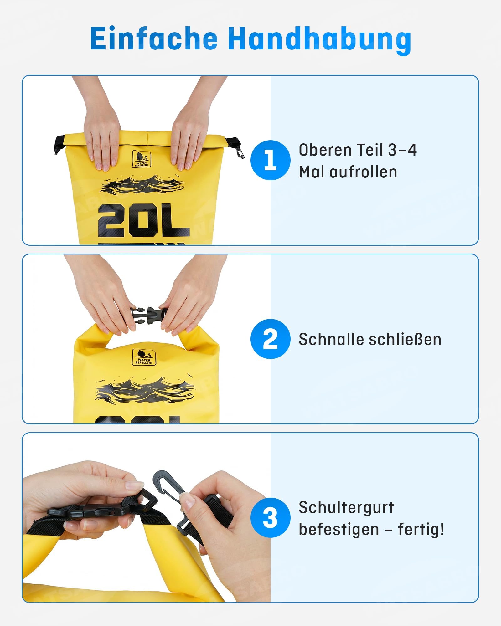 WATSABRO Dry Bag – 5L/10L/20L wasserdichte Tasche, Kratzfester Wasserdichter Rucksack, Inklusive 100% Wasserfeste Handyhülle – Ideal für Wassersportarten wie SUP, Kajak, Kanu sowie Strandurlaube