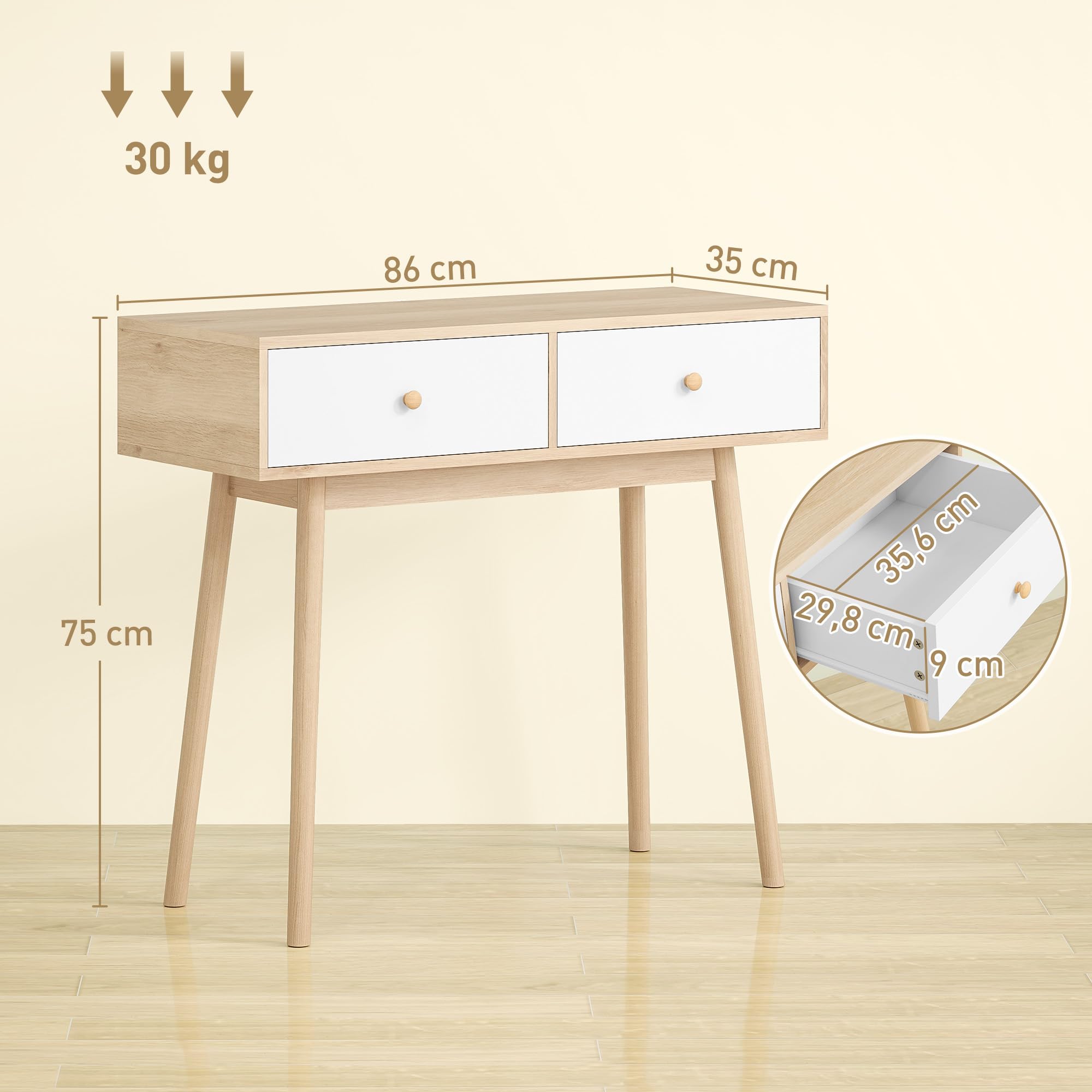 HOMCOM Mesa de Consola Estrecha Consola de Recibidor Mesa de Sofá con 2 Cajones Estilo Moderna para Pasillo Entrada Salón Dormitorio Roble
