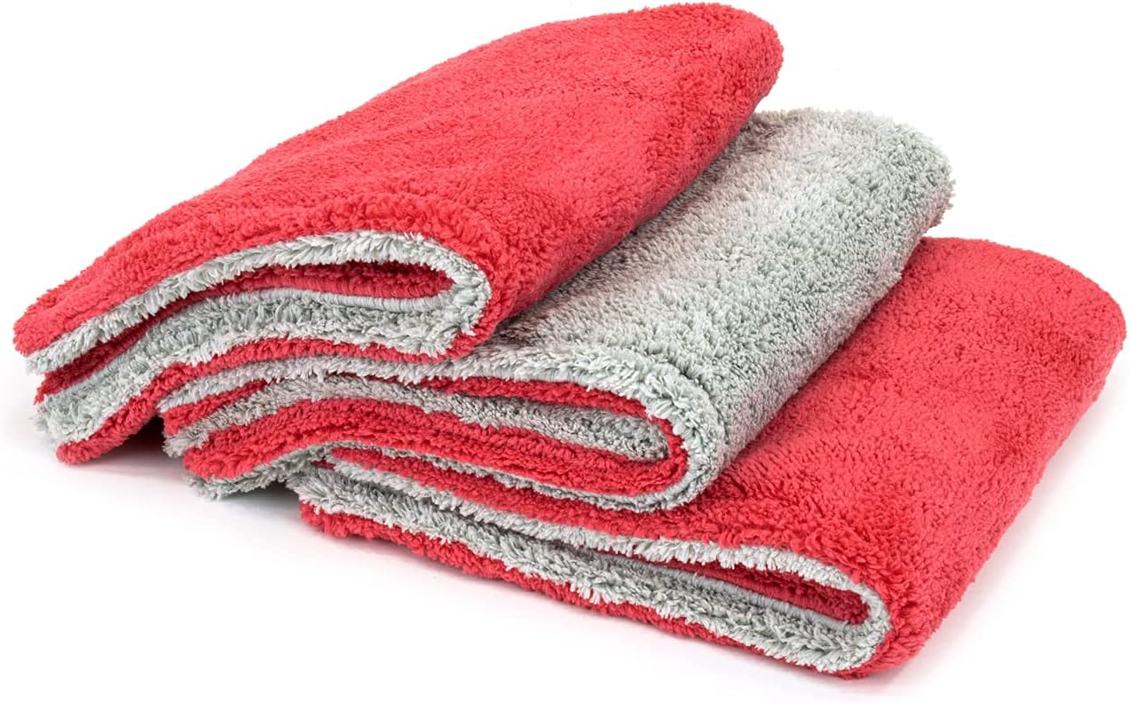 Autofiber Royal Plush Double Pile Microfiber Detailing Towel - Pack of 3, Red/Gray (16 inch x 16 inch, 600 GSM)