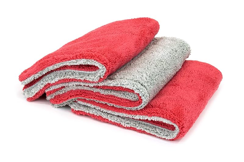 Toalha de Microfibra Autofiber Royal Plush Dupla Face 600 GSM para Detalhamento Automotivo, Vermelha e Cinza, Kit com 3