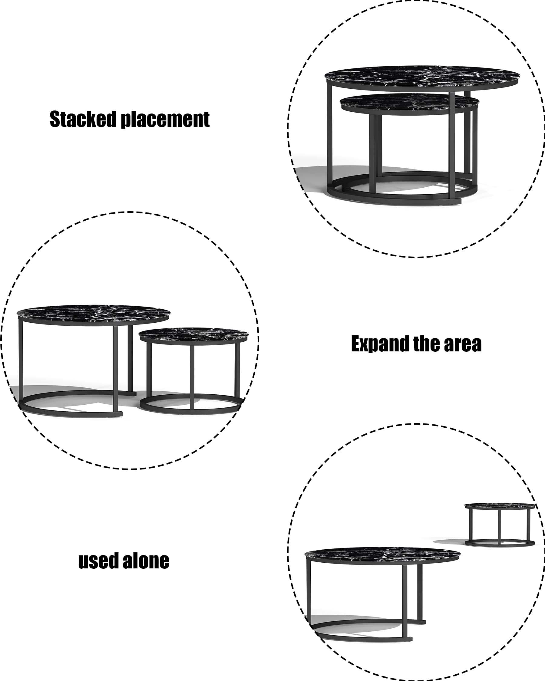 Tavolino Salotto Vetro Rotondo, Tavolo Soggiorno Vetro, Coffee Table 2 pezzi, Tavolino da Salotto Moderno con effetto marmo nero