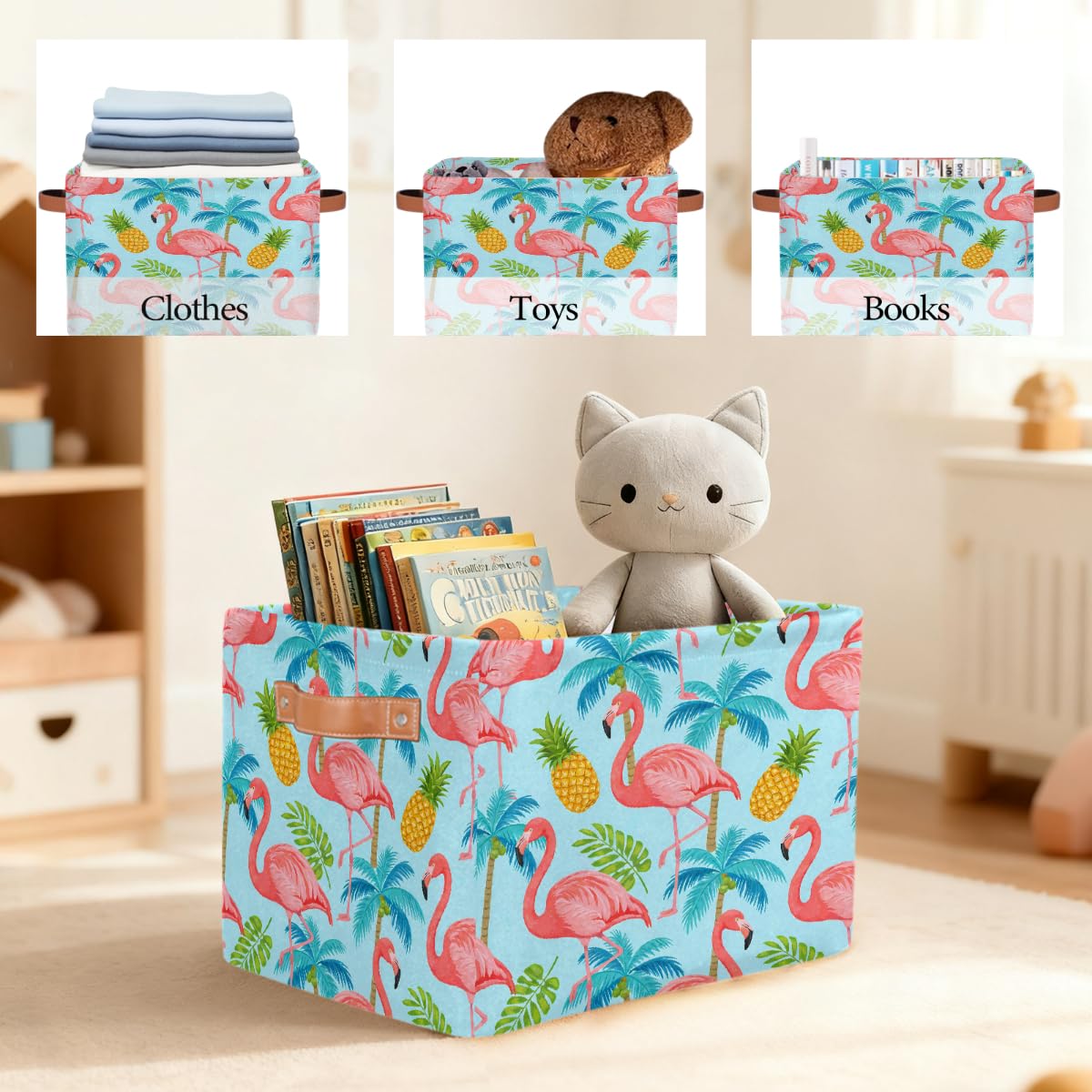 Rechteckiger Aufbewahrungskorb mit tropischem Flamingo, Ananas, Palme, mit Ledergriffen, faltbarer Stoff-Aufbewahrungskorb für Schrank, Badezimmer, Wohnzimmer, Büro, Spielzeug, Organizer