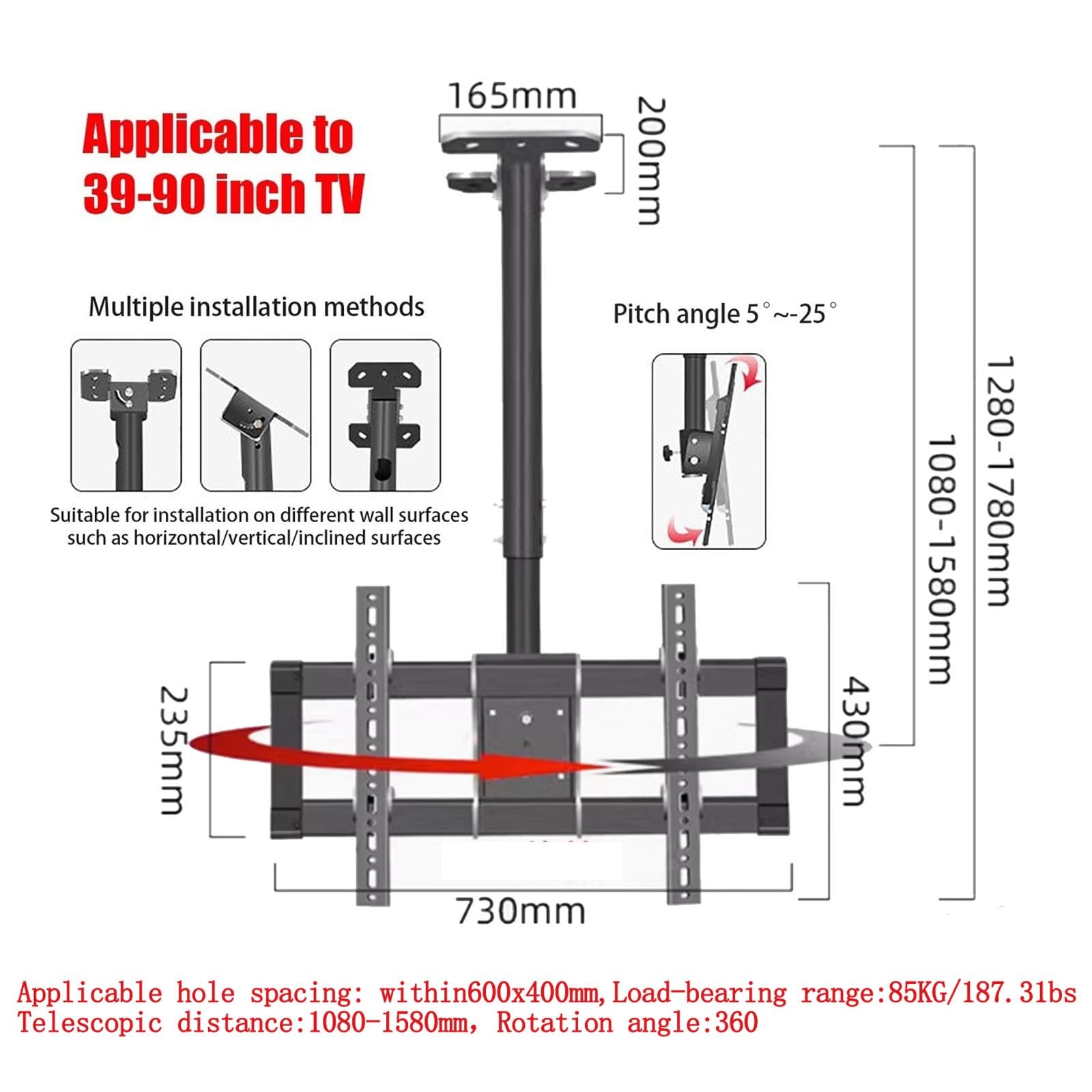 Soporte de TV y soporte de pared ajustable en altura – Soporte de techo, inclinable y giratorio para televisores de 39 a 85 pulgadas, VESA máximo 600 x 400 mm, capacidad de carga 1080-1580 mm