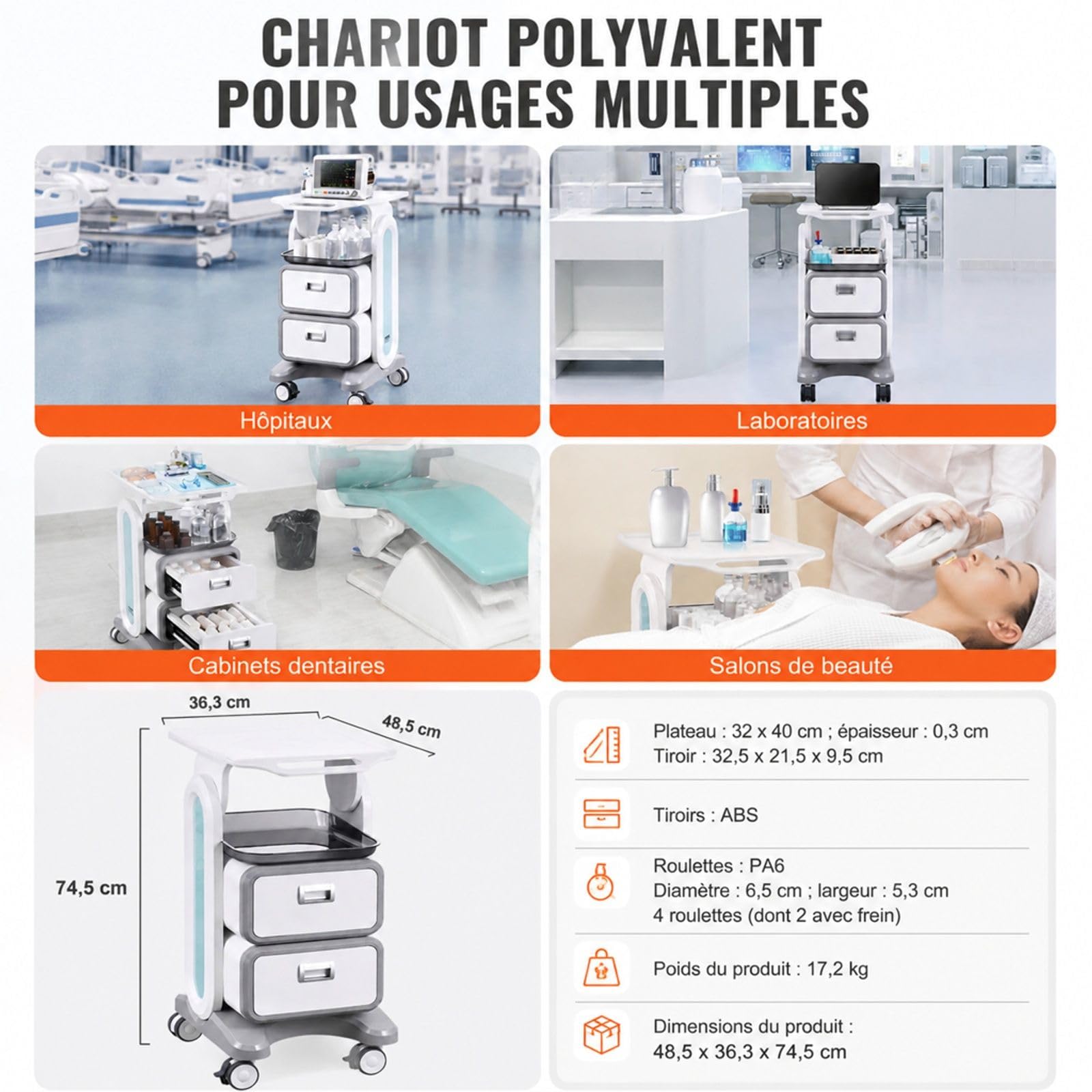 Chariot de Laboratoire à 3 Niveaux avec 2 tiroirs, Blanc, Chariot de Service pour Rangement et Transport