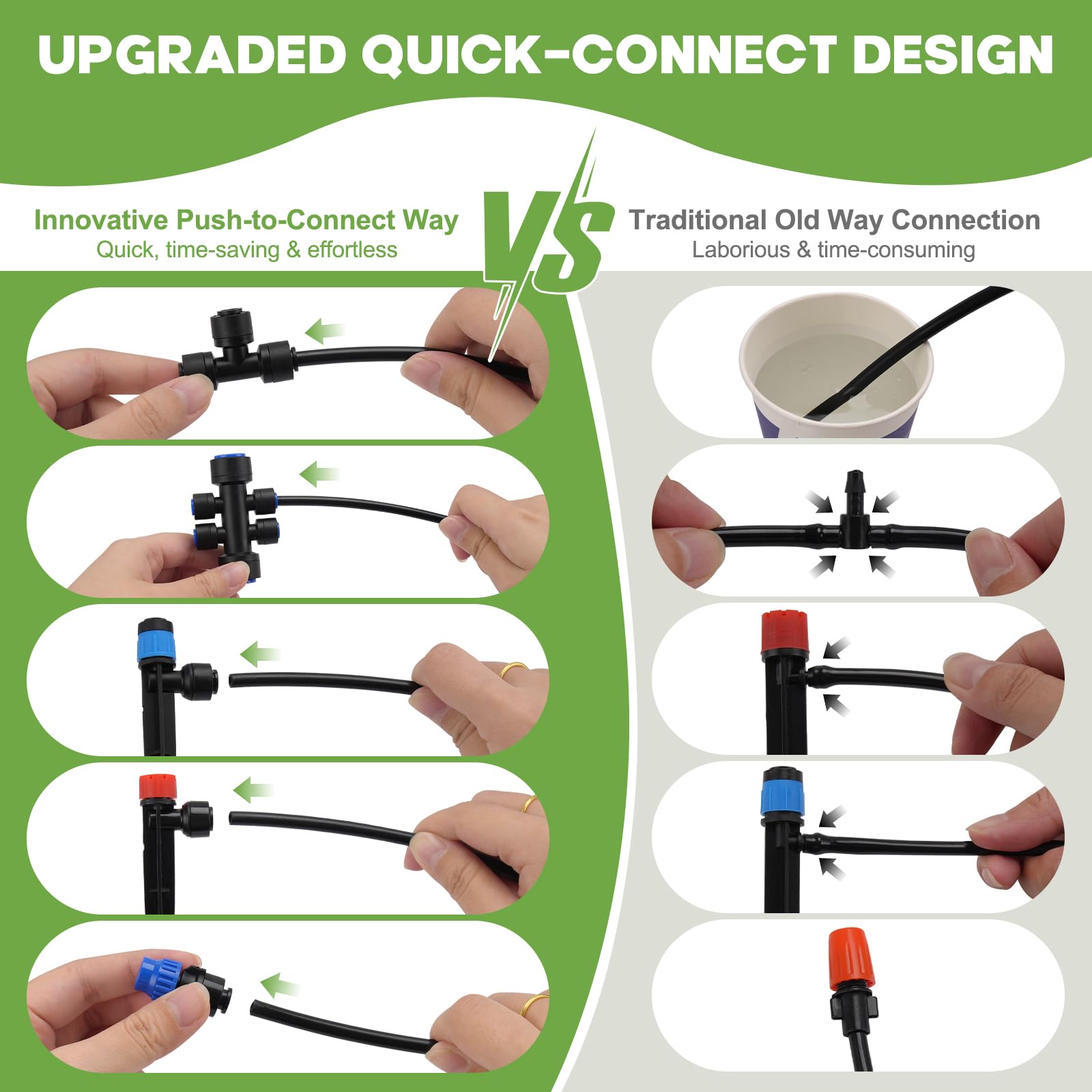 Sistema di irrigazione a goccia a innaffiamento rapido da 60 m, kit di irrigazione automatica da giardino con raccordi a bloccaggio rapido da 1/2" e 1/4", irrigatori regolabili per aiuole