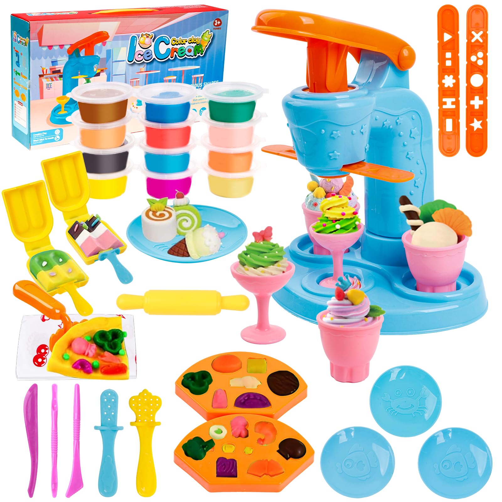 JoiTale Knete Zubehör, Kitchen Creations Knetwerkzeug Spielset, Kreatives Eismaschine Party, Plastilin Werkzeug Knete Ausstechformen Knetmasse, Geschenk für Kinder ab 3 Jahren mit 12 Dosen