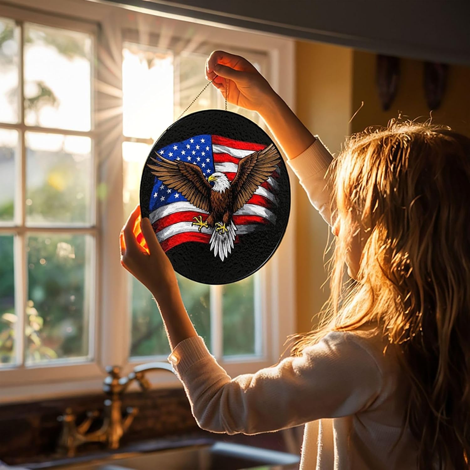 Stained Glass Window Hanging 12in Window Suncatcher Glass Panel with Metal Chain American Flag Eagle with Wings Sun Catchers Wall Art Home Decor Gift for Women Mother's Day