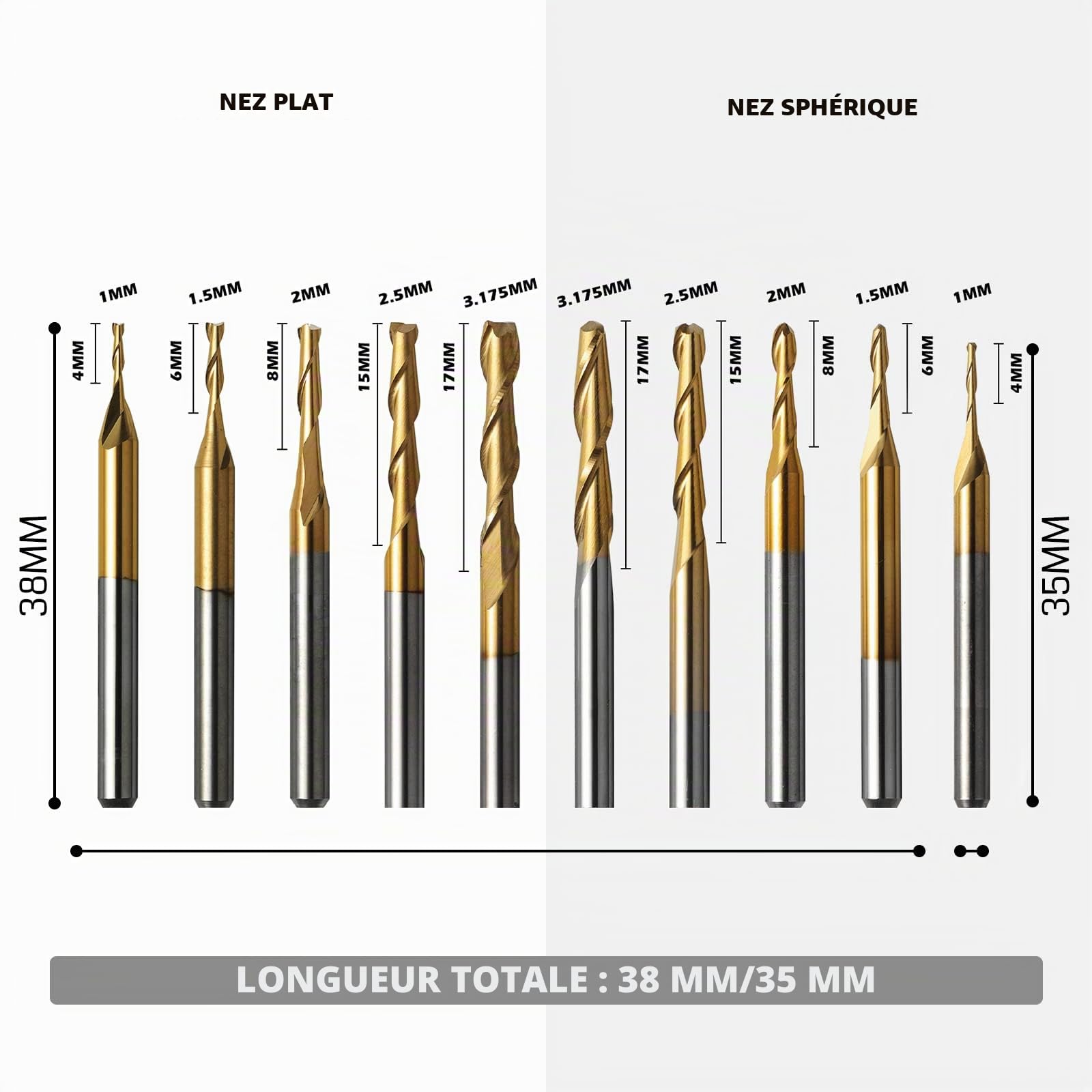 Genmitsu Lot de 50 fraises en carbure de tungstène CNC - Tige de 0,6 cm - Fraise droite à 2 cannelures - Fraise à bec plat et bout à bille - Forets de gravure à rainure en V - MC50A