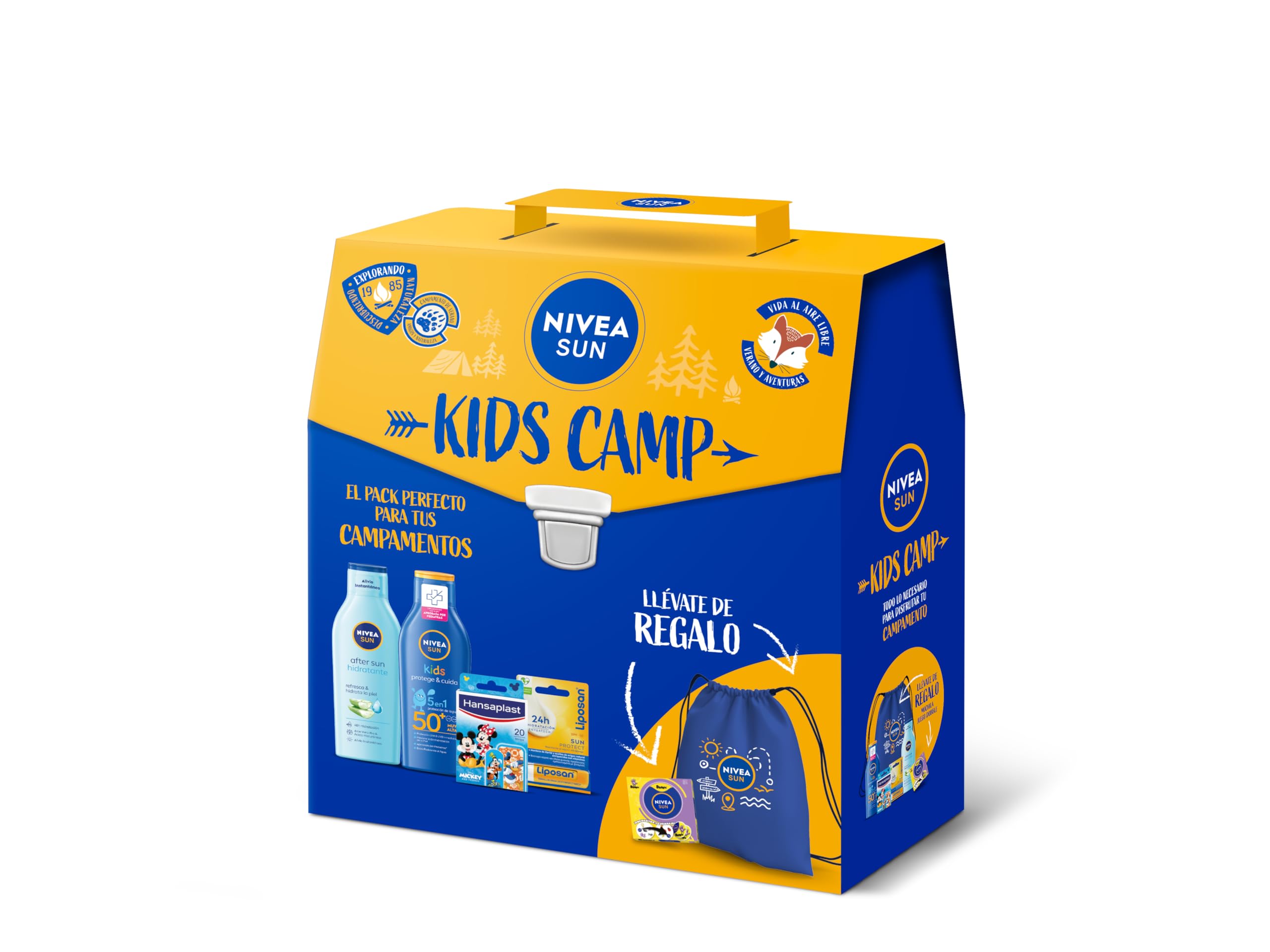 NIVEA SUN Pack Perfecto Para Tus Campamentos Incluye Loción Solar Kids FP50+ Resistente al Agua, After Sun Hidratante, Bálsamo Labial con Protección Solar y apósitos para heridas