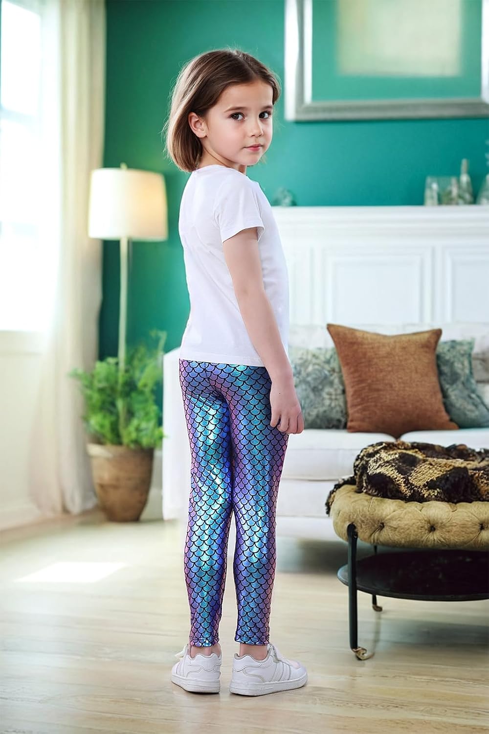 YgneeDom Kids Girls Mermaid Leggings Shiny Metallic Scale Pants for Halloween Dance Party