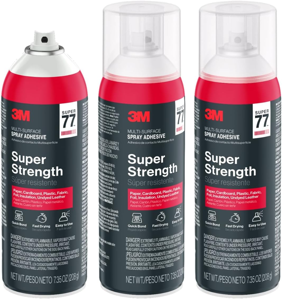 3M Super 77 Multi-Surface Spray Adhesive, 7.35 oz., Low VOC, Quick Bond, Fast Drying, Clear Finish for Foil, Foam, Paper, Metal, Plastic, Fabric, and Cardboard (77-10-NAT), 3-Pack