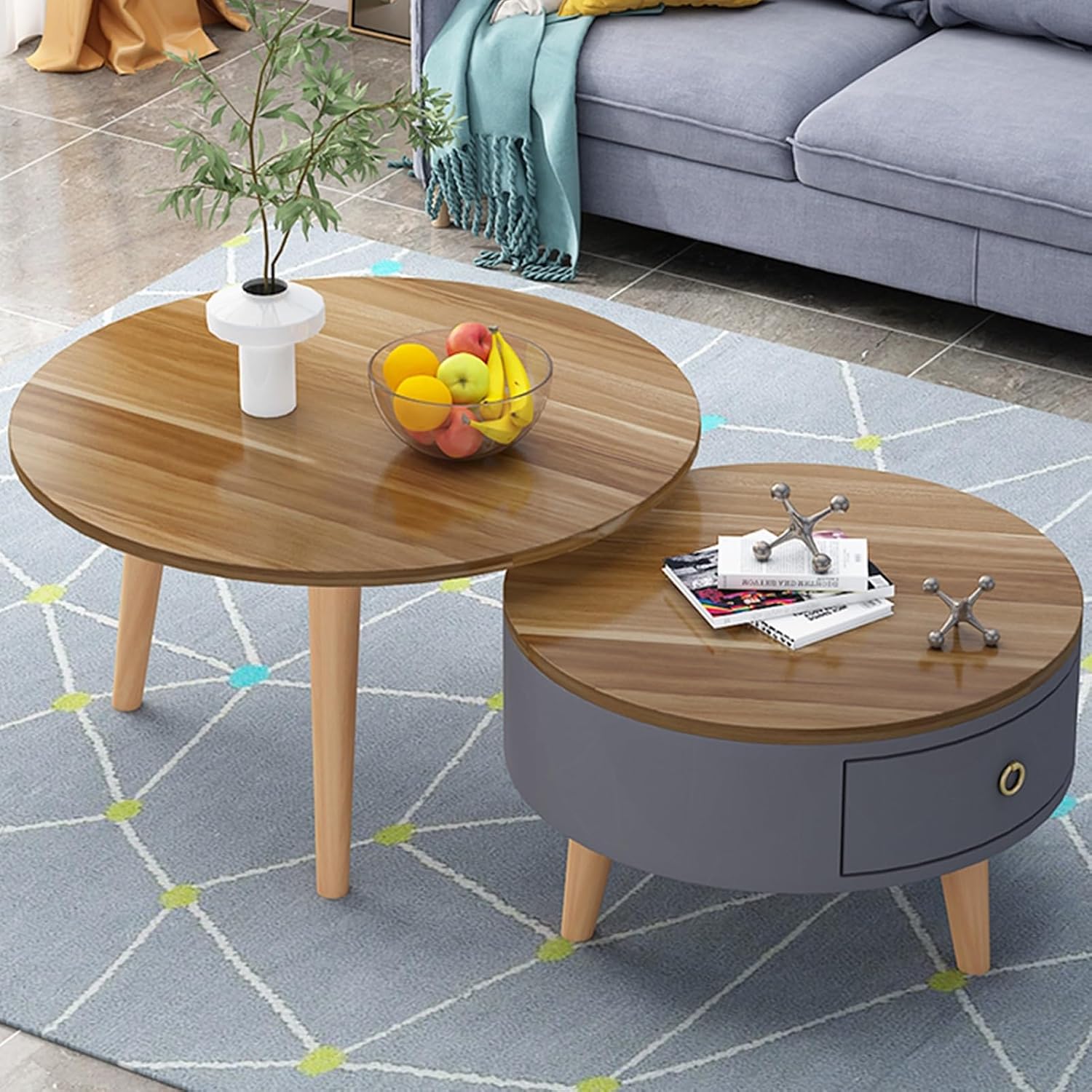 Nesting Table Set of 2, Coffee Tables with 360° Rounded Corners and Open Storage, Internal Storage Center Table Design, for Living Room, Studio(Wood Color)