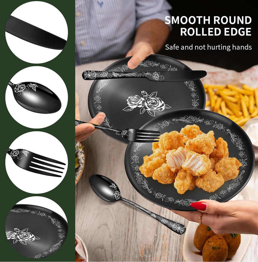 XIAOYU Ensemble de couverts de camping en métal 16 pièces pour pique-nique avec étui portable, vaisselle de pique-nique de camping pour 2, kit de couverts d'extérieur en acier inoxydable, noir
