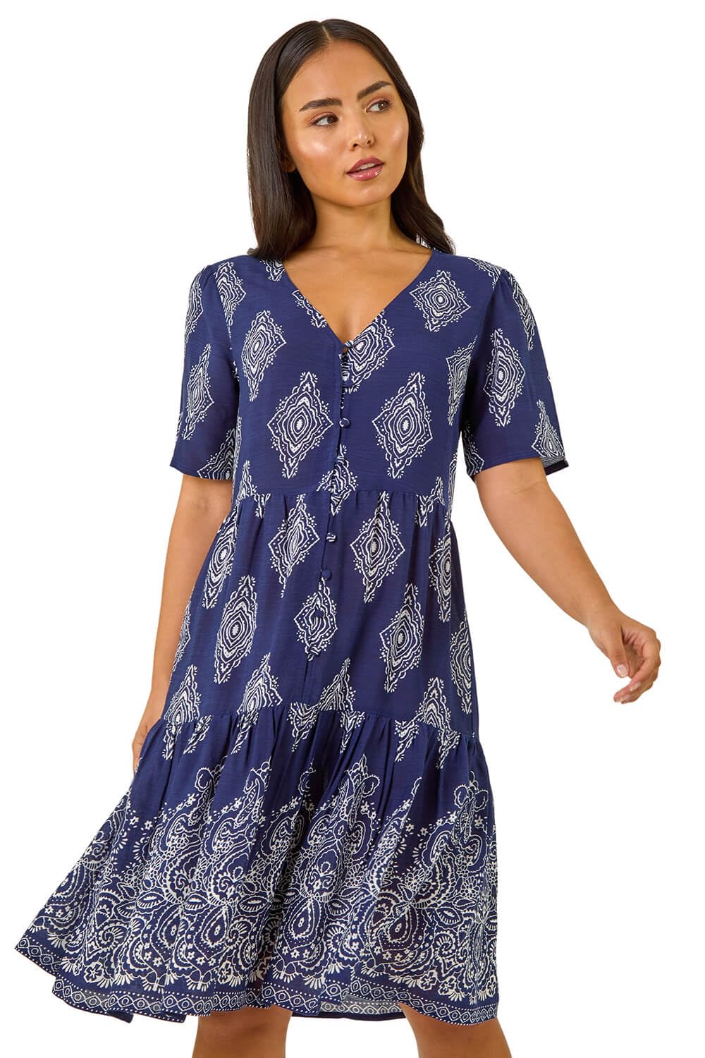 Roman Petite Border Print Tiered Dress for Women UK - Ladies Everyday Holiday Spring Summer V-Neckline Comfy Soft Evening Vacation Work Party - Petite Navy - Size 16