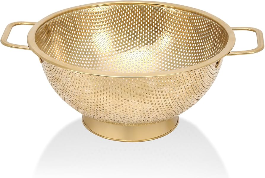 Gold Strainer for Kitchen, 3QT, Stainless Steel Colander with Handle for Fruits Vegetables Cooking Food, Dishwasher Safe