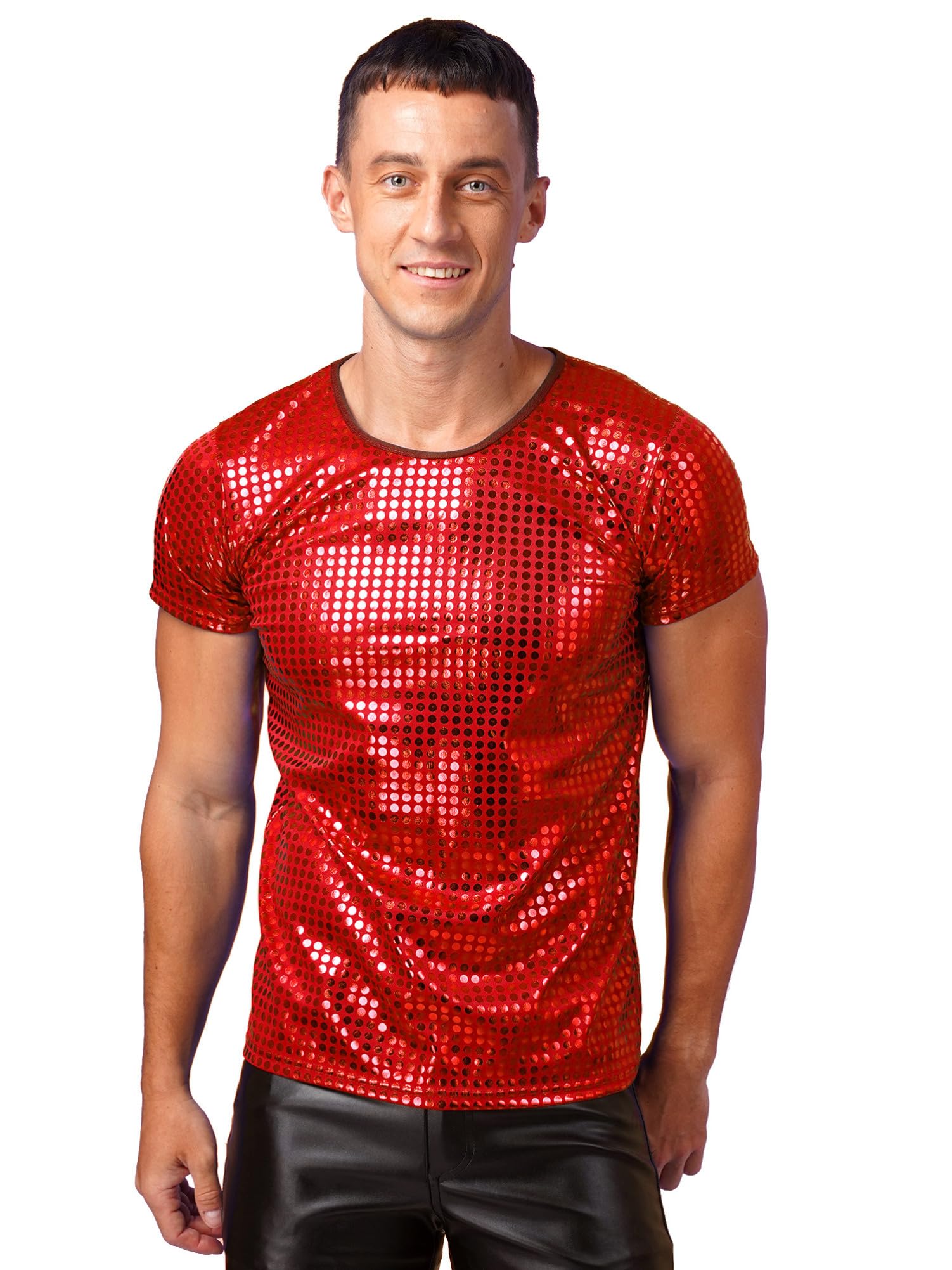CHICTRYMen's Short Sleeve Sparkle Sequins Shirts 70s Disco Nightclub Party T-Shirts Dance Tops