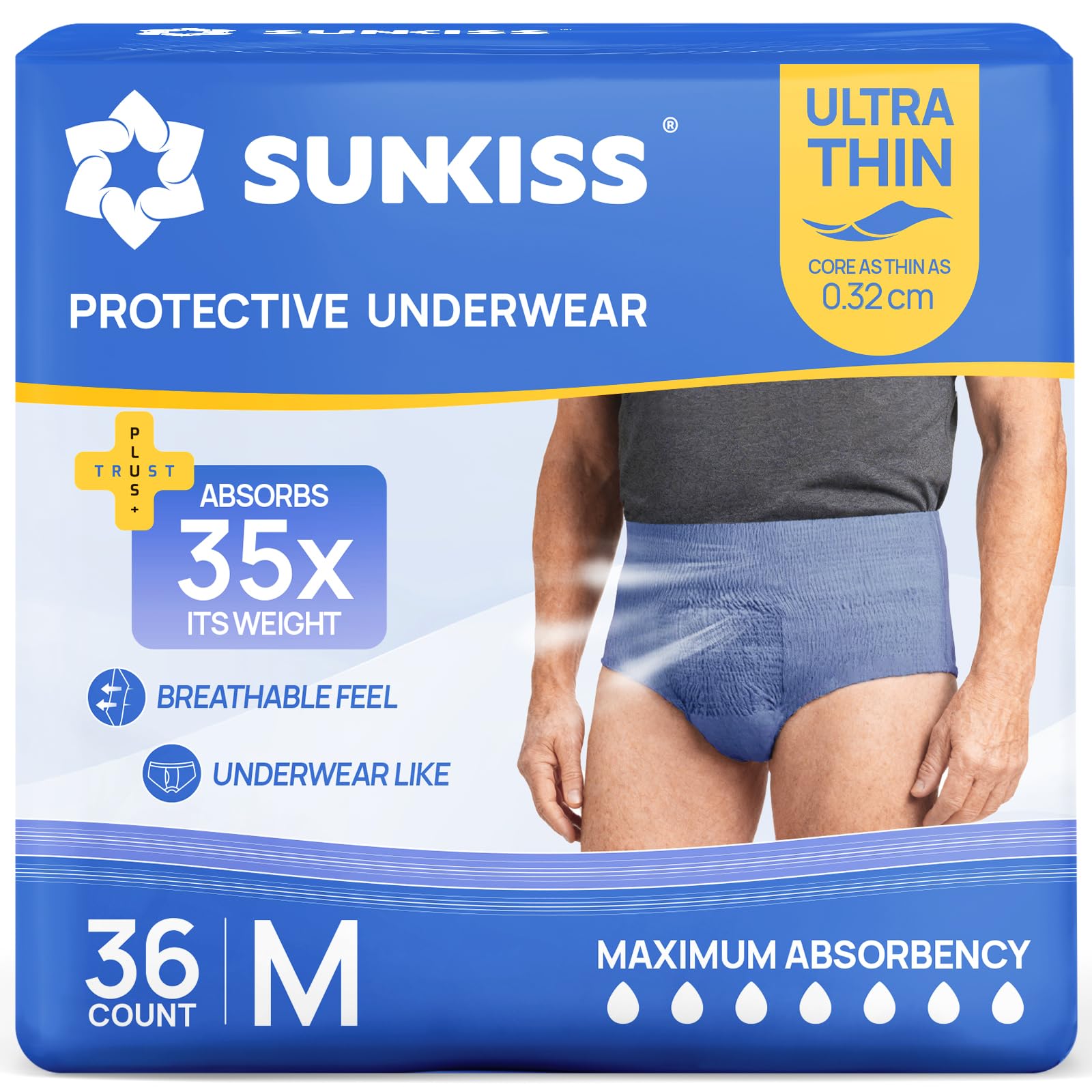 SUNKISS Pañales Adultos Hombre Tipo Pants Ultrafinos, Ropa Interior Desechable Absorbente, Incontinencia Moderada, Absorción Rápida, Azul, Talla M, 36 Unidades