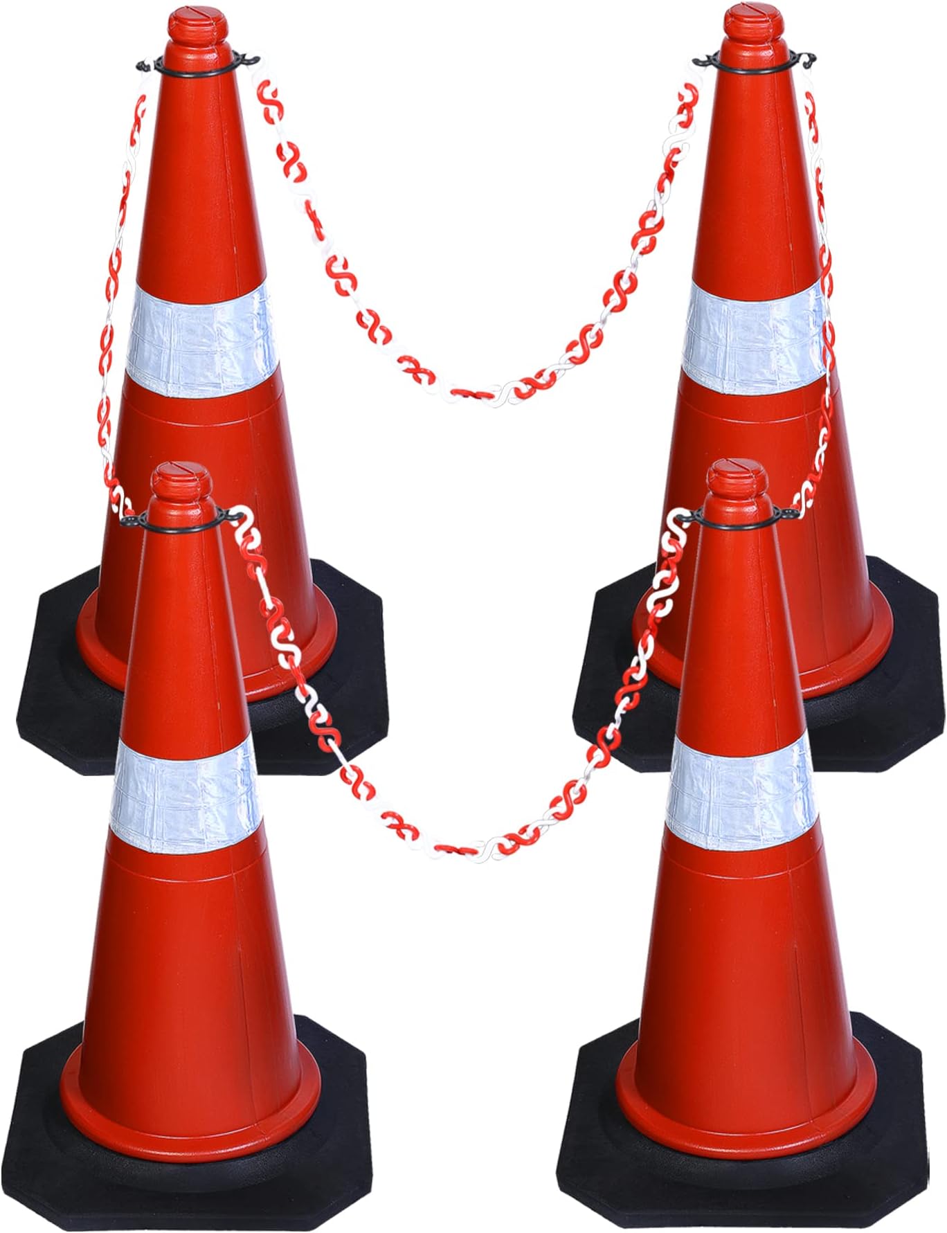 ABS INDUSTRY Safety Cones 4 Cones with 4 Meters S Hook Safety Chain and 4 Hooks Multipurpose PVC Plastic Traffic Safety Cone with Black Rubber Weighted Base and Highly Visible Reflective Collar