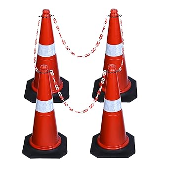 ABS INDUSTRY Safety Cones 4 Cones with 4 Meters S Hook Safety Chain and 4 Hooks Multipurpose PVC Plastic Traffic Safety Cone with Black Rubber Weighted Base and Highly Visible Reflective Collar