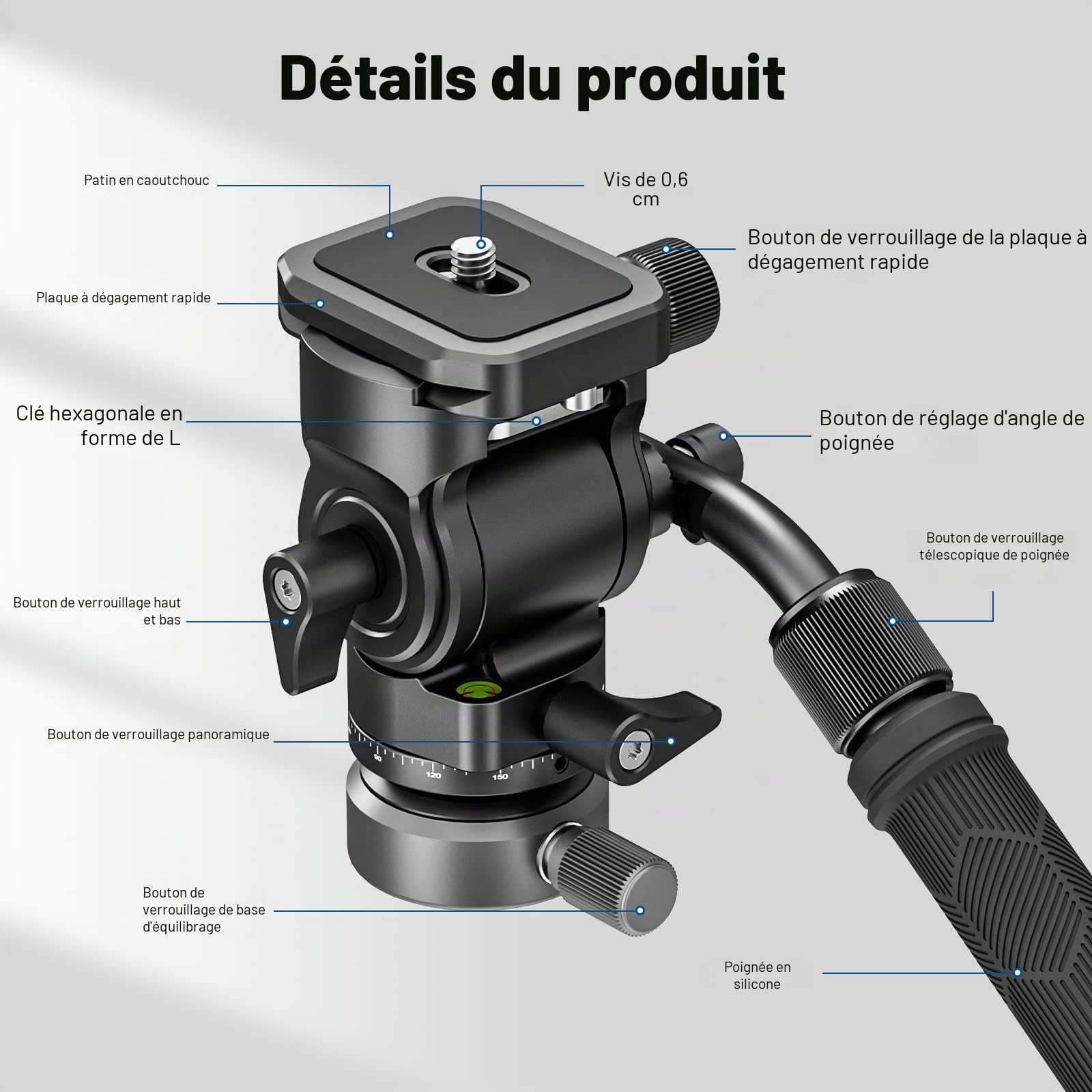 NEEWER GM27 Tête Fluide pour Trépied Vidéo avec Base de Nivellement +/-10° 37 mm, Plaque à Dégagement Rapide Type Arca, Poignée Télescopique