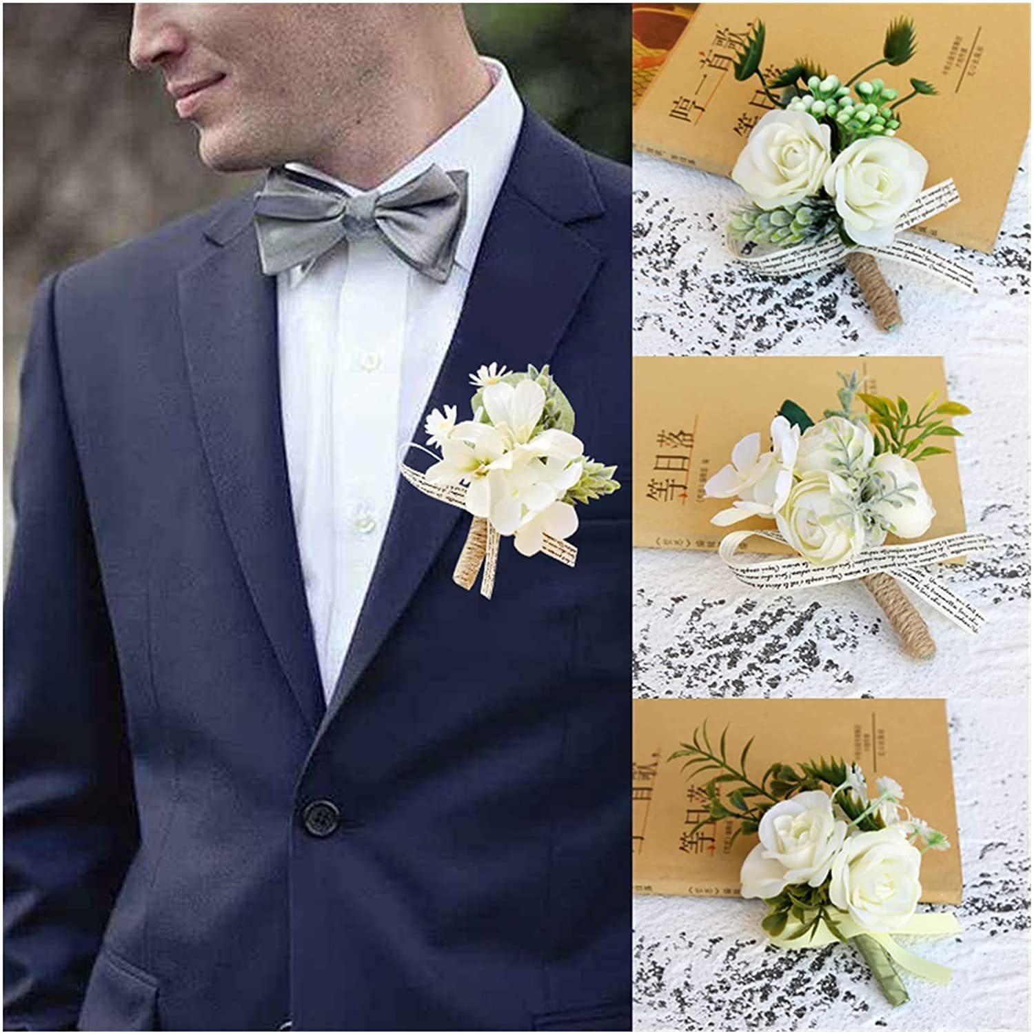 Handgelenkskorsagen für Hochzeiten， Künstliche Weiße Rose Blume Bräutigam Boutonniere Männer Corsage Event Zubehör Party Pin Dekoration(Style E)