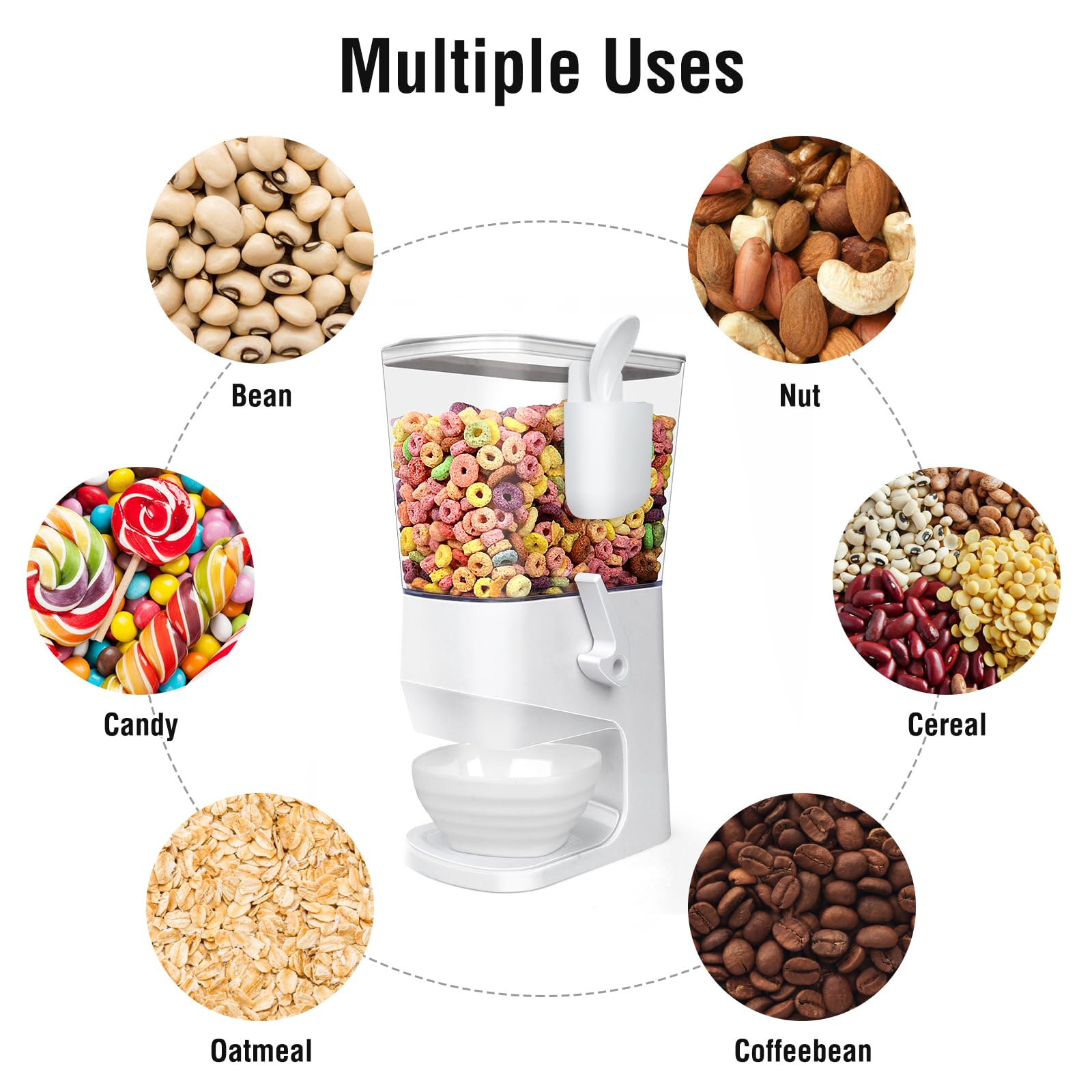 Dispenser per cereali da banco con ciotole e cucchiai, contenitori per cereali, dispensa, snack, contenitore per alimenti secchi con coperchio, per organizzare la cucina, farina d'avena, noci e muesli