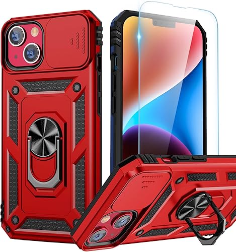Goton Funda para iPhone 14 y iPhone 13 con protector de pantalla, funda deslizante para cámara con soporte de anillo, resistente a prueba de golpes