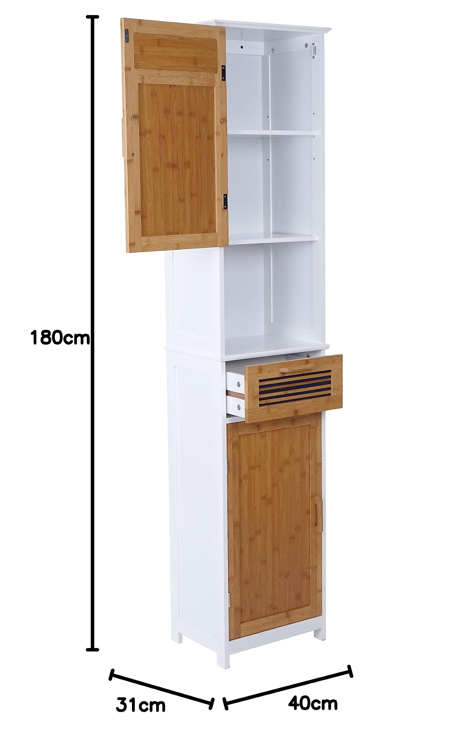 Mendler Hochschrank HWC-A85, Badschrank Badregal Bambus, MVG-Zertifiziert 180x40x31cm weiß