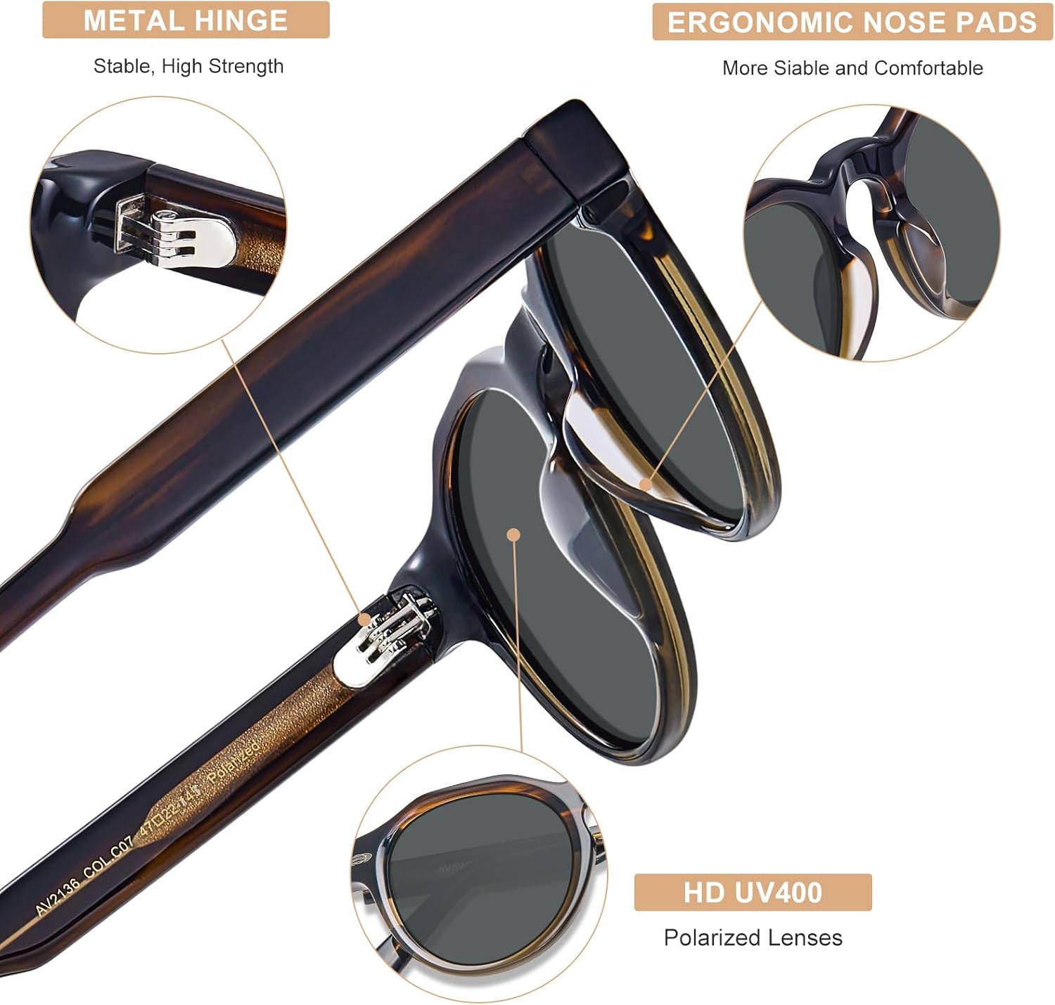 AVAWAY Polarized Mens Sunglasses Round, Italian Acetate UV Protection Retro Small Sun Glasses Fashion Shades AV2136 - Image 4