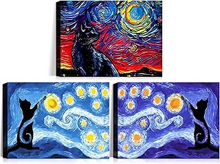 3Pcs Framed Black Cat Starry Night Canvas Wall Art Animals in Famous Paintings Prints Gallery Wrap Vintage Poster Home Decor Picture Modern Abstract Art 12x16 Inch