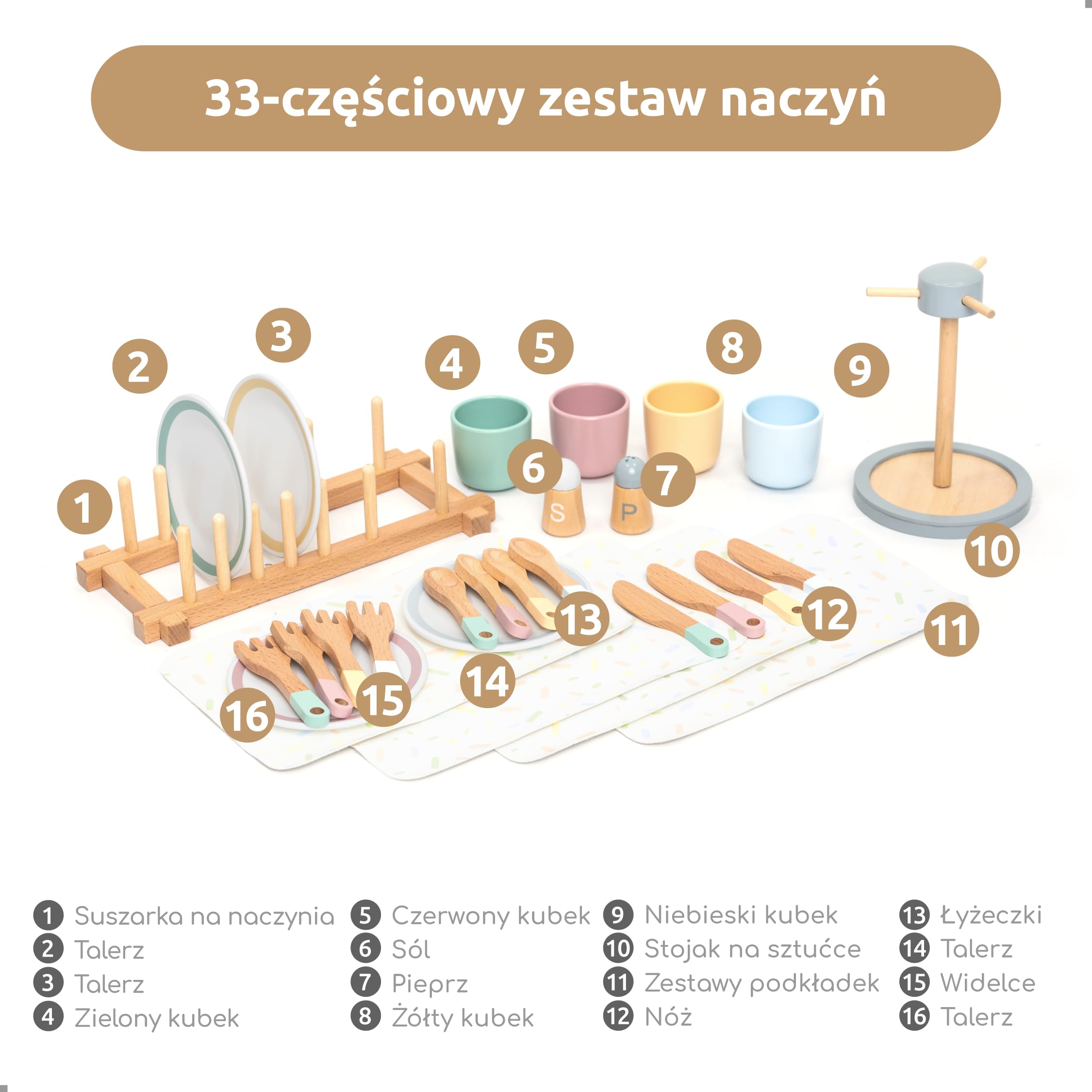 UMU Duży zestaw naczyń z drewna – 28-częściowy serwis stołowy do kuchni dziecięcej z talerzami, kubkami, sztućcami i stojakiem – akcesoria kuchenne do kuchni do zabawy – naczynia do odgrywania ról od