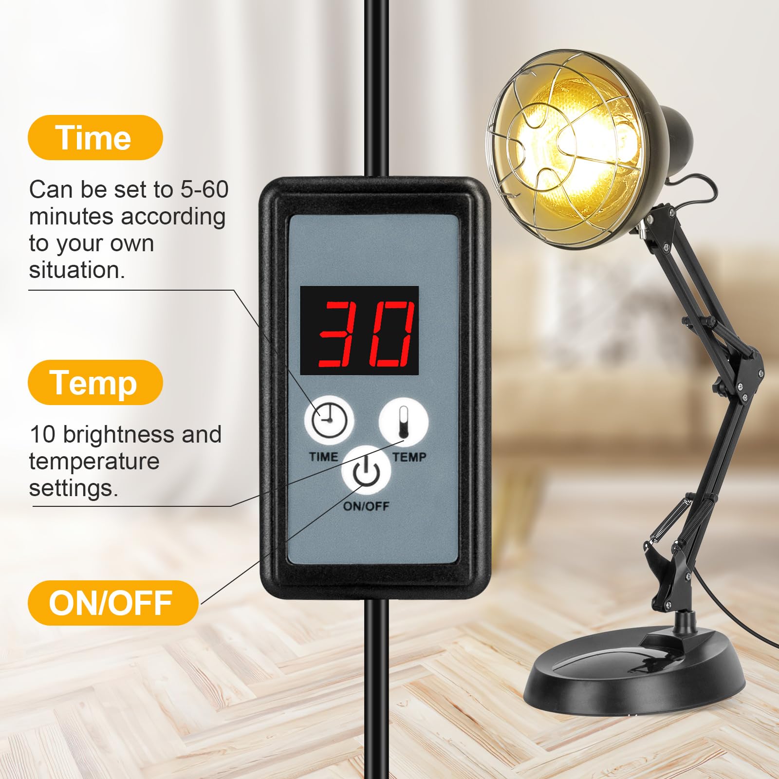 Lampada Infrarossi 150W, Terapia Luce Gialla per Sollievo del Dolore Muscolare con 10 Livelli di Regolazione della Temperatura e Timer